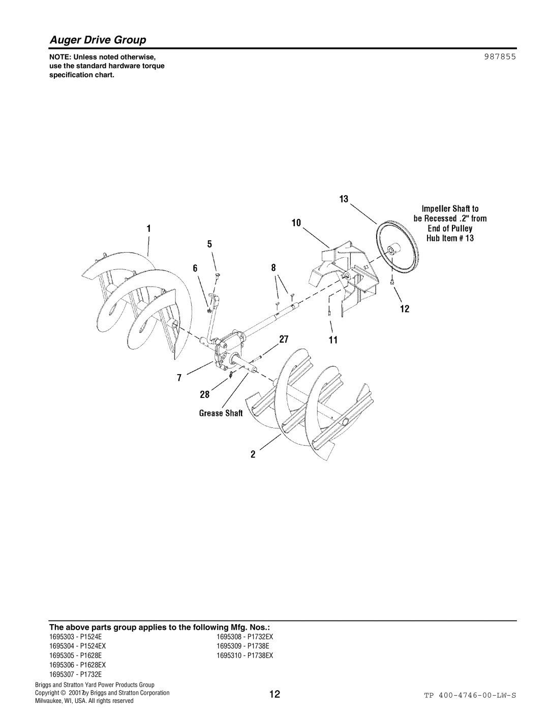 Simplicity 1695306, 1695310, 1695305, 1695309, 1695307, 1695308, 1695304, 1695303 manual Auger Drive Group, 987855 