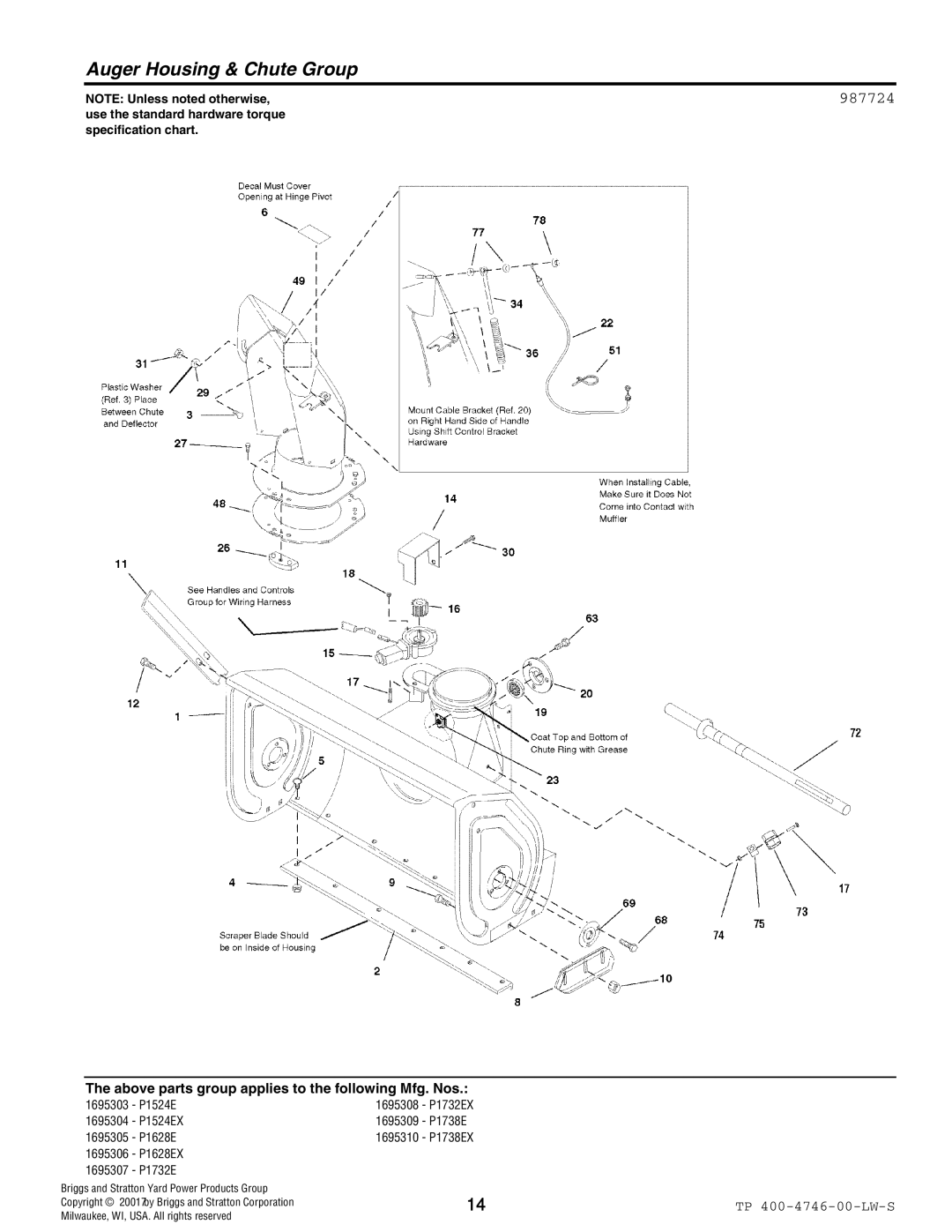 Simplicity 1695304, 1695310, 1695305, 1695309, 1695307, 1695306, 1695308, 1695303 manual Auger Housing & Chute Group, 987724 