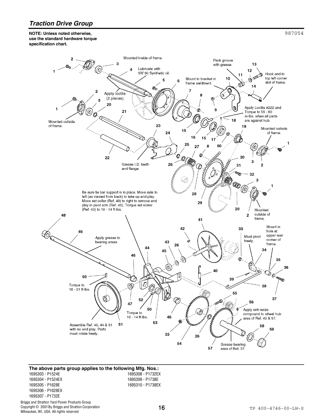 Simplicity 1695310, 1695305, 1695309, 1695307, 1695306, 1695308, 1695304, 1695303 manual Traction Drive Group, 987054 