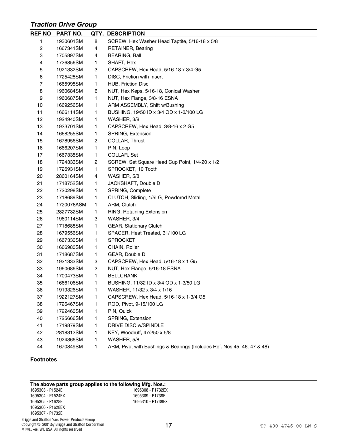 Simplicity 1695305, 1695310, 1695309, 1695307, 1695306, 1695308 WASHER, 3/8, WASHER, 5/8, WASHER, 3/4, Sprocket, Bellcrank 