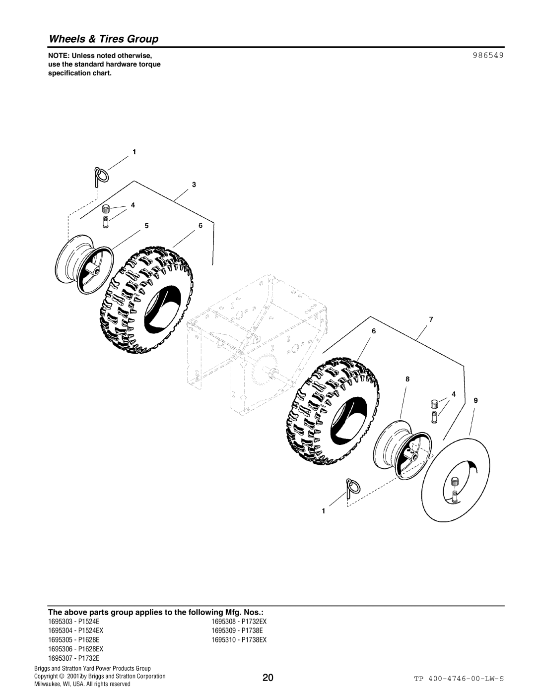 Simplicity 1695306, 1695310, 1695305, 1695309, 1695307, 1695308, 1695304, 1695303 manual Wheels & Tires Group, 986549 