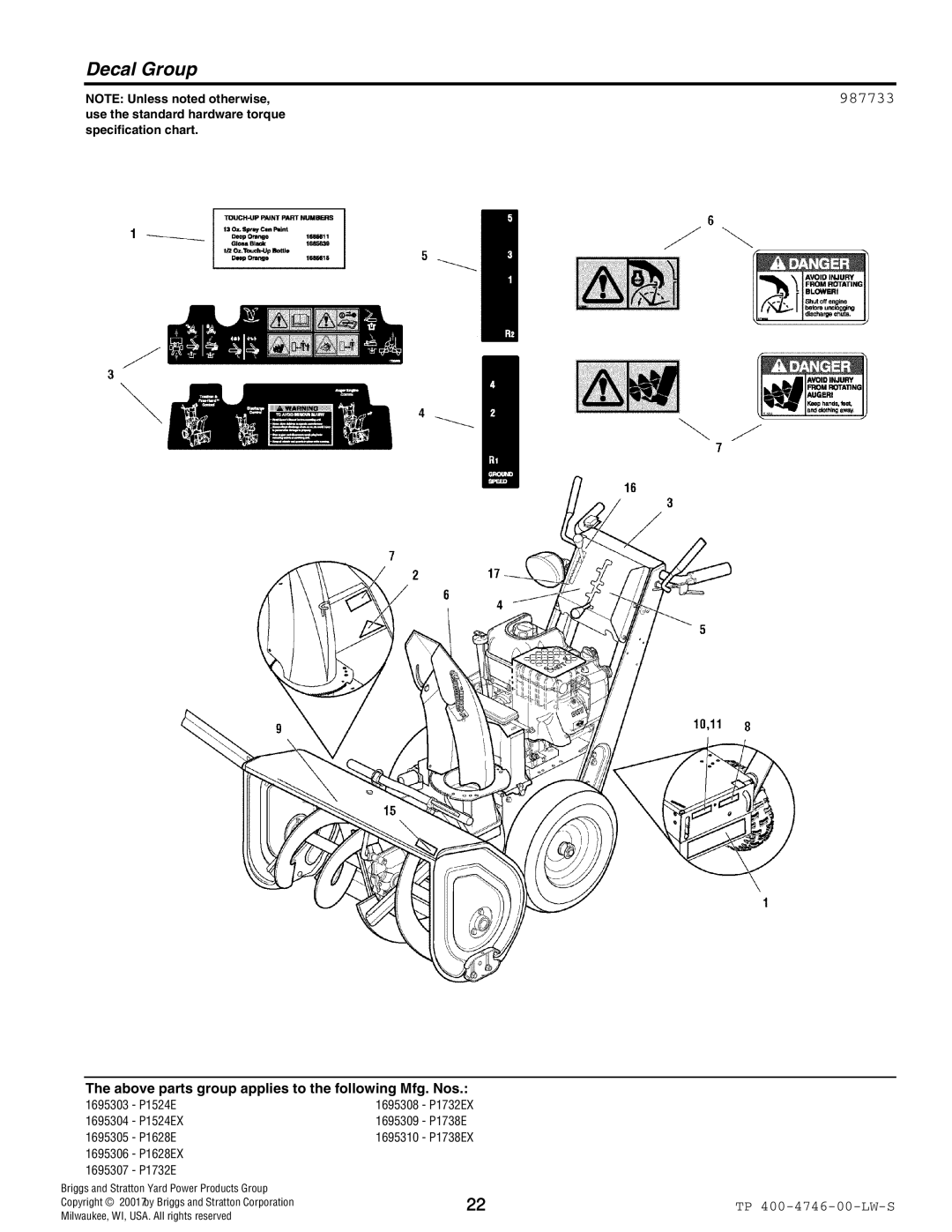 Simplicity 1695304, 1695310, 1695305, 1695309, 1695307, 1695306, 1695308, 1695303 manual Decal Group, 987733 