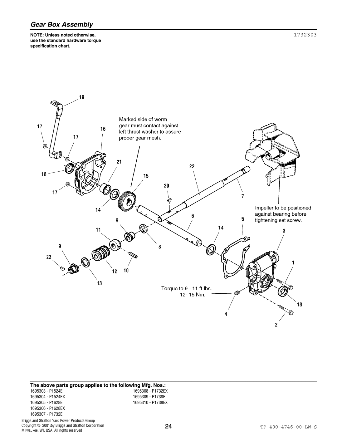 Simplicity 1695310, 1695305, 1695309, 1695307, 1695306, 1695308, 1695304, 1695303 manual Gear Box Assembly, 1732303 