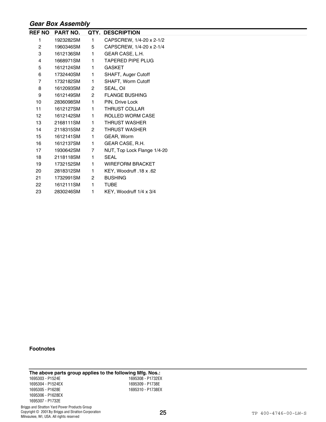 Simplicity 1695305 Gear CASE, L.H, Tapered Pipe Plug, Gasket, Flange Bushing, Thrust Collar, Rolled Worm Case, Seal, Tube 