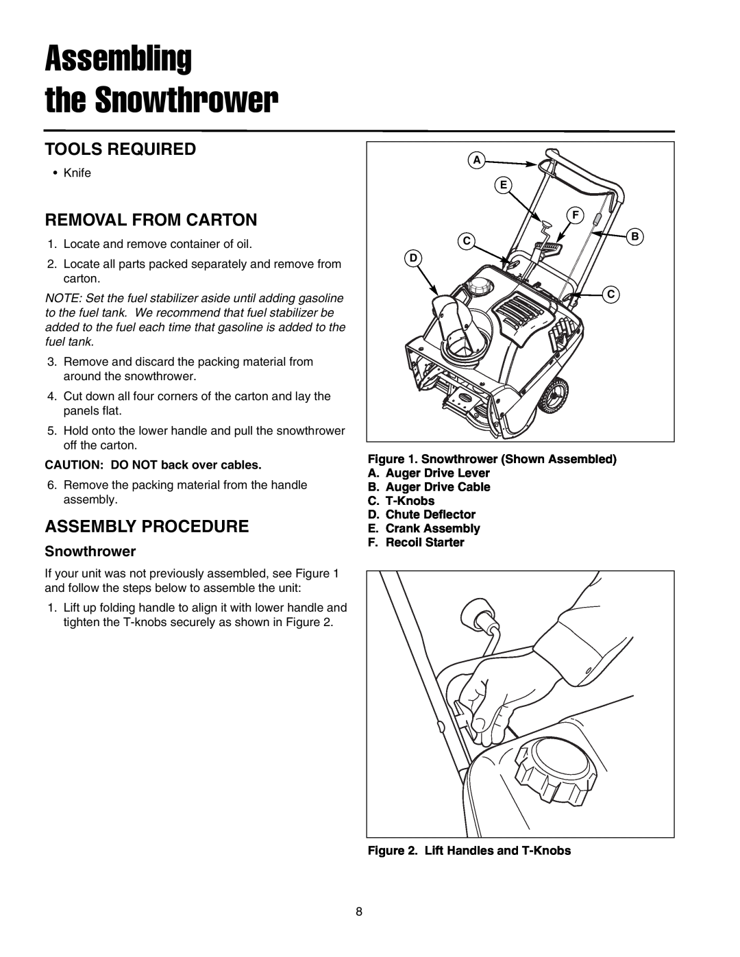 Simplicity 1695514 Assembling the Snowthrower, Tools Required, Removal From Carton, Assembly Procedure, F.Recoil Starter 