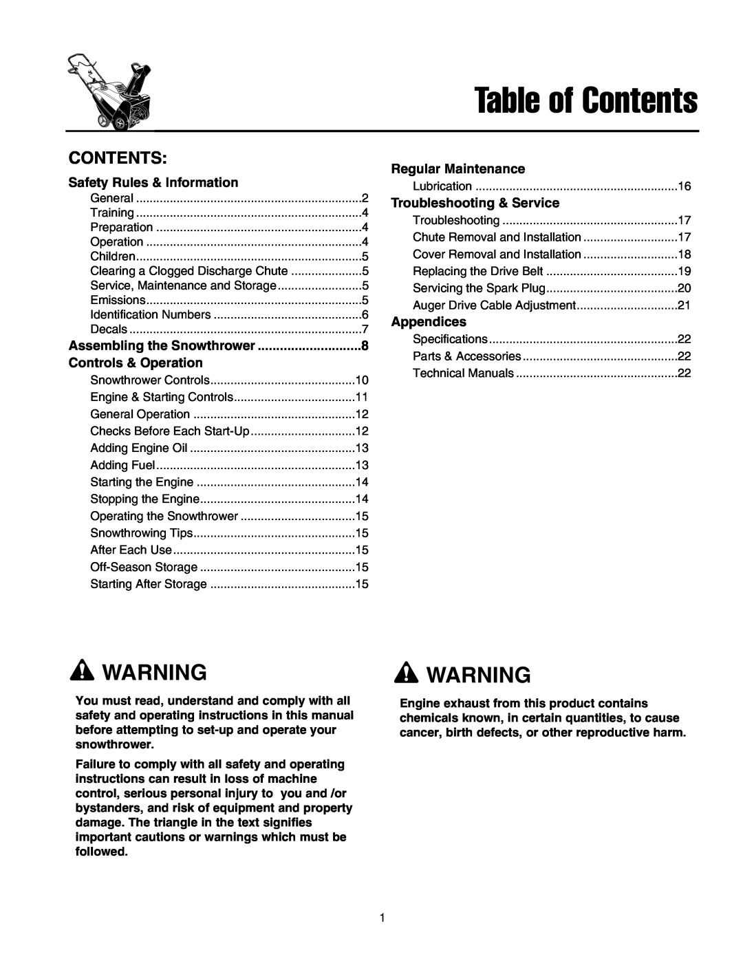 Simplicity 522E Warning Warning, Table of Contents, Safety Rules & Information, Controls & Operation, Appendices 
