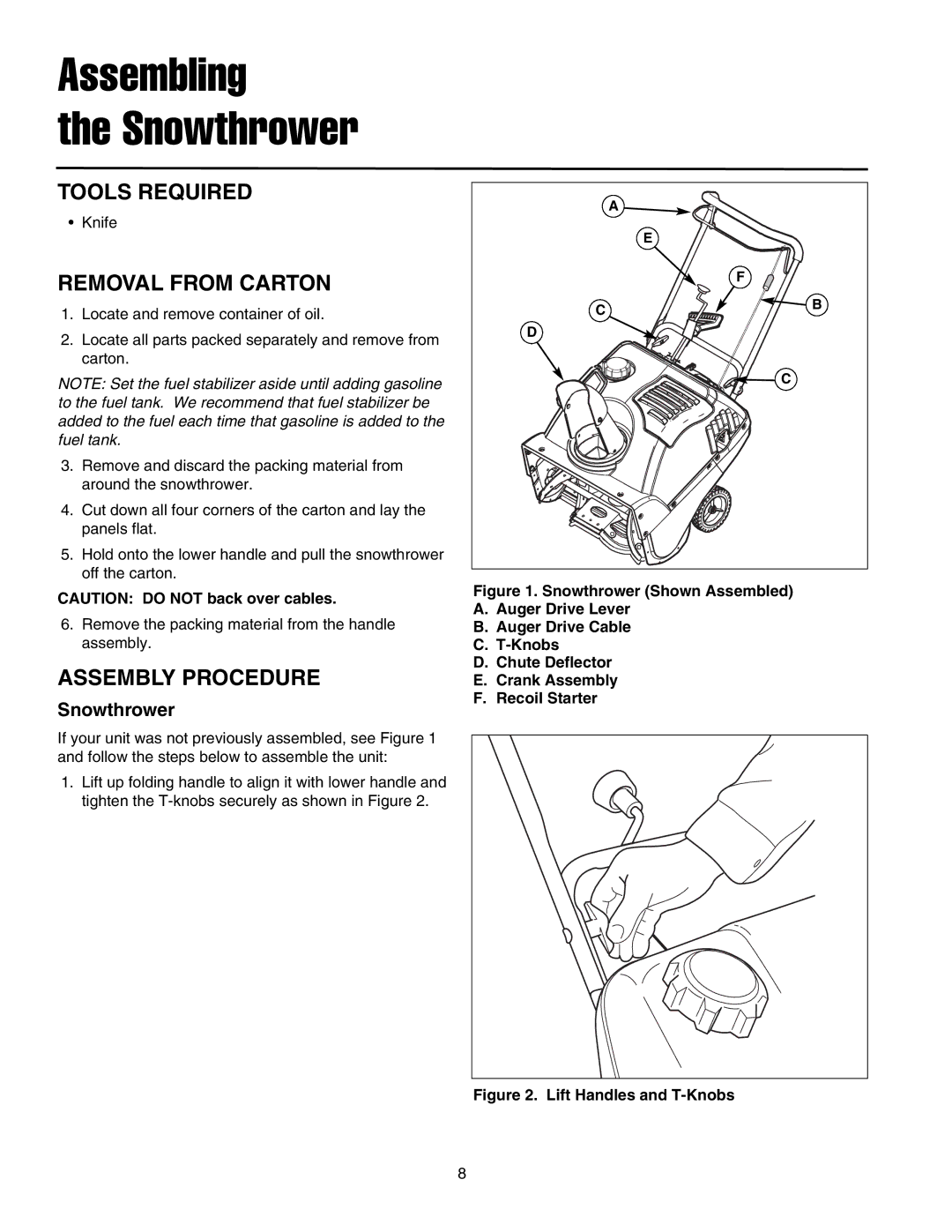 Simplicity 1695514, 1695468, 522E Assembling Snowthrower, Tools Required, Removal from Carton, Assembly Procedure 