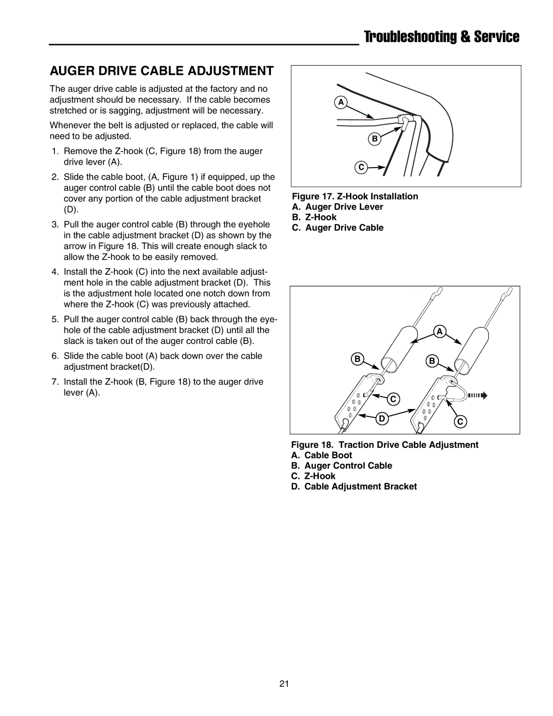 Simplicity 1695468, 1695514, 522E Auger Drive Cable Adjustment, Hook Installation Auger Drive Lever Auger Drive Cable 