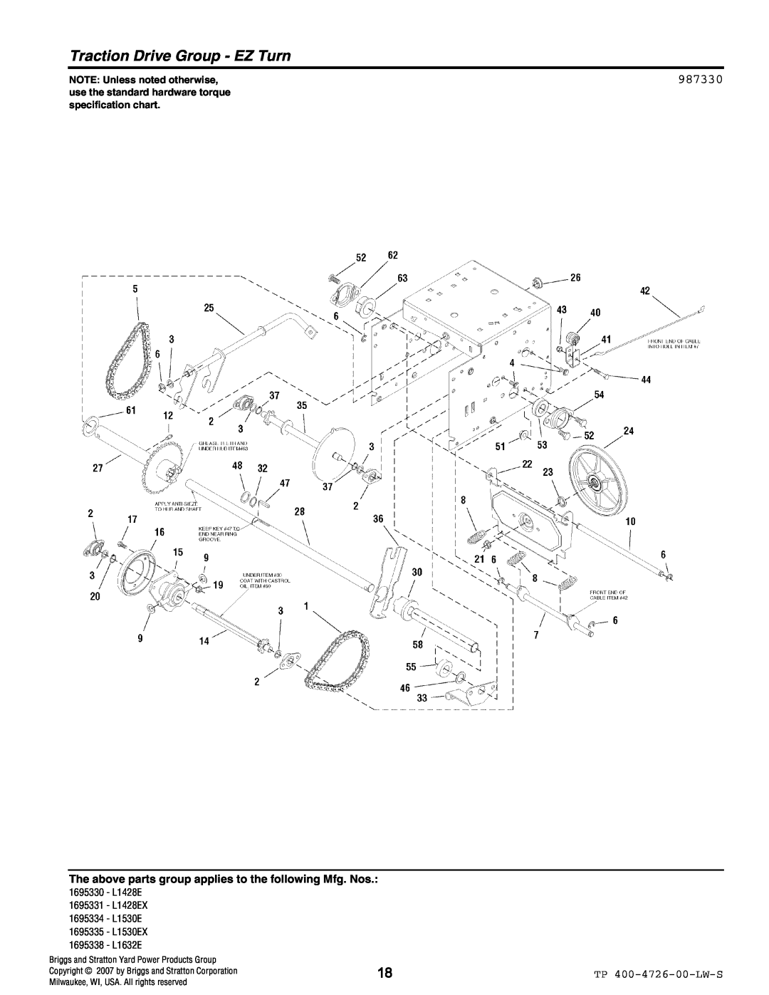Simplicity 1696331 Traction Drive Group - EZ Turn, 987330, NOTE Unless noted otherwise, 1695330 - L1428E 1695331 - L1428EX 