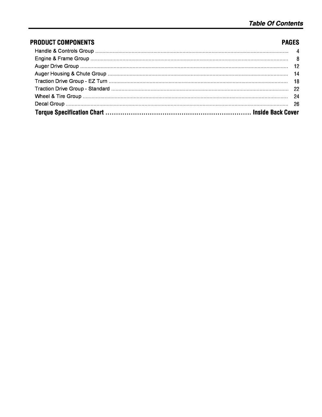 Simplicity 1696327, 1696330 Table Of Contents, Product Components, Pages, Torque Specification Chart, Inside Back Cover 