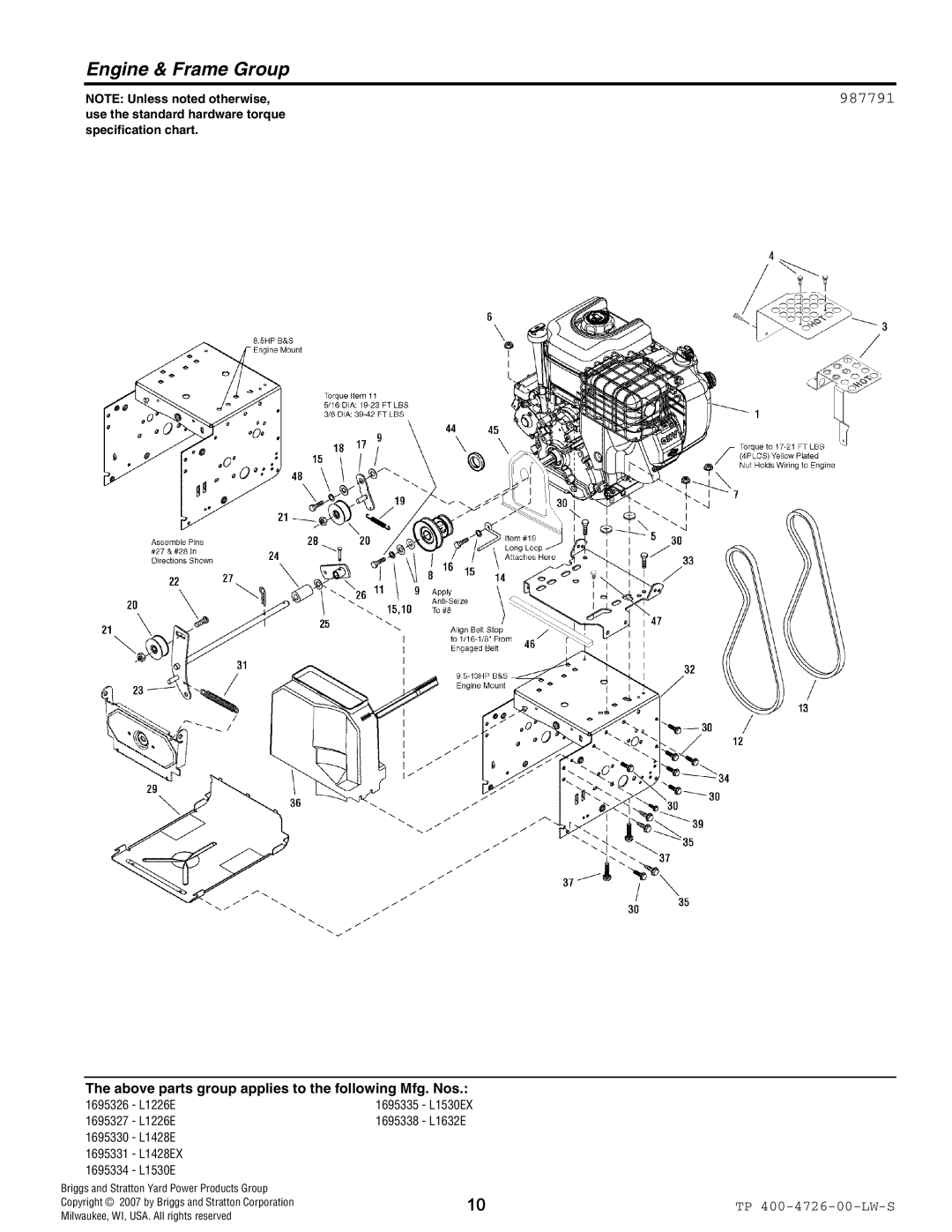 Simplicity 1696327, 1696330, 1696334, 1696338, 1696331, 1696326, 1696335 manual Engine & Frame Group 