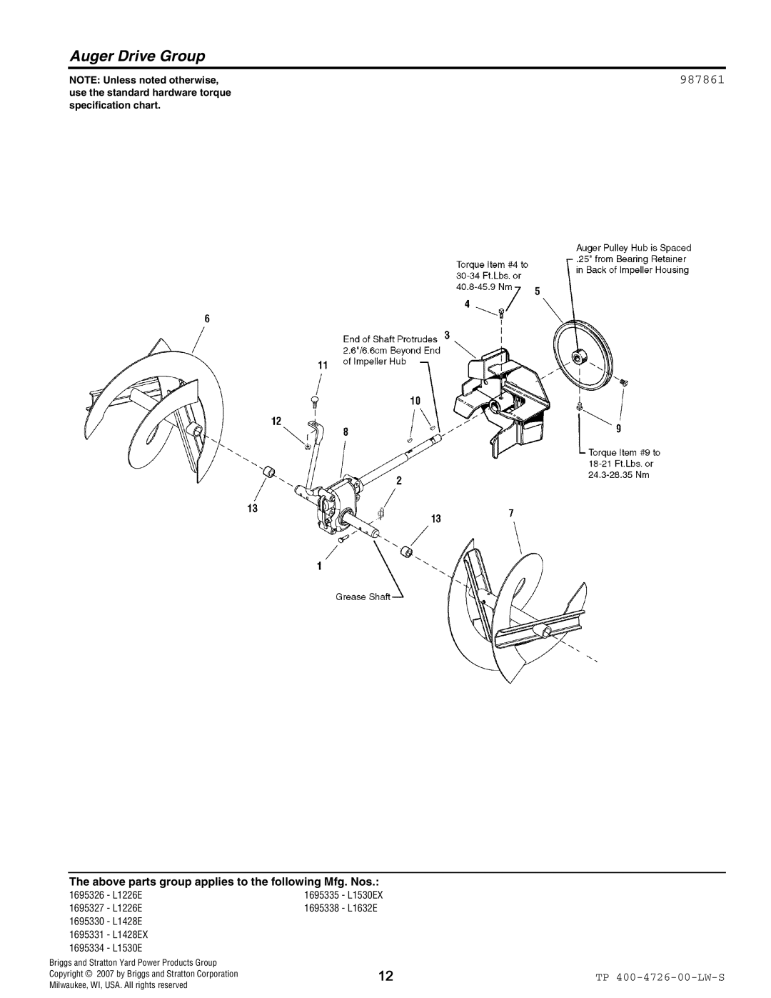 Simplicity 1696326, 1696330, 1696334, 1696338, 1696327, 1696331, 1696335 manual Auger Drive Group, 987861 