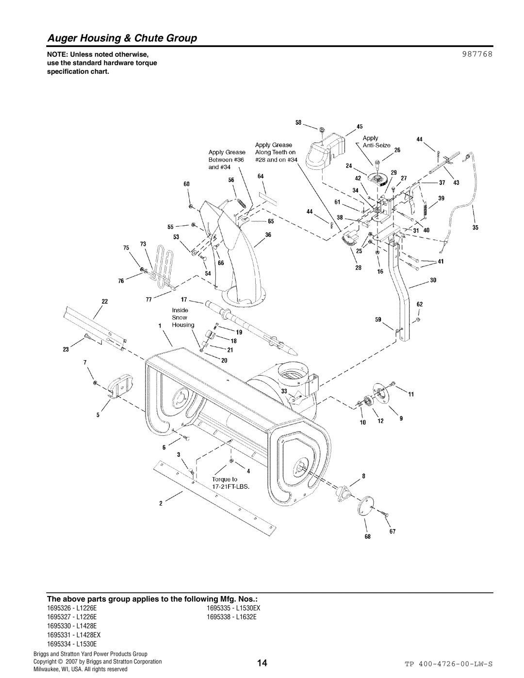 Simplicity 1696330, 1696334, 1696338, 1696327, 1696331, 1696326, 1696335 manual Auger Housing & Chute Group, 987768 