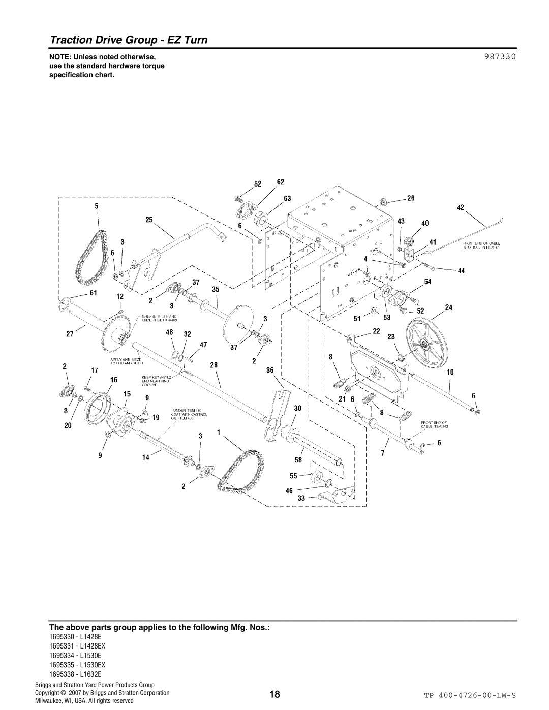 Simplicity 1696331, 1696330, 1696334, 1696338, 1696327, 1696326, 1696335 manual Traction Drive Group EZ Turn, 987330 