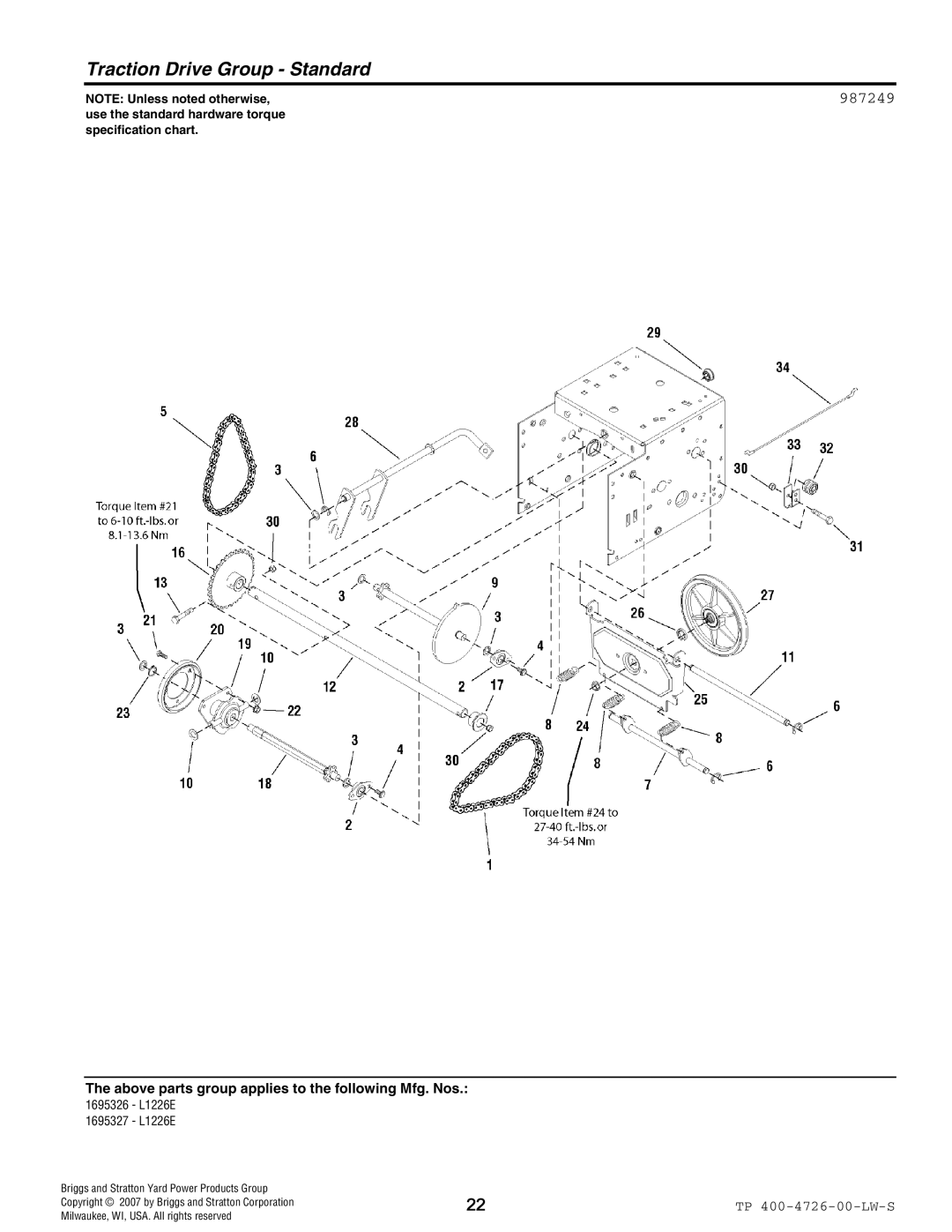 Simplicity 1696334, 1696330, 1696338, 1696327, 1696331, 1696326, 1696335 manual Traction Drive Group Standard, 987249 