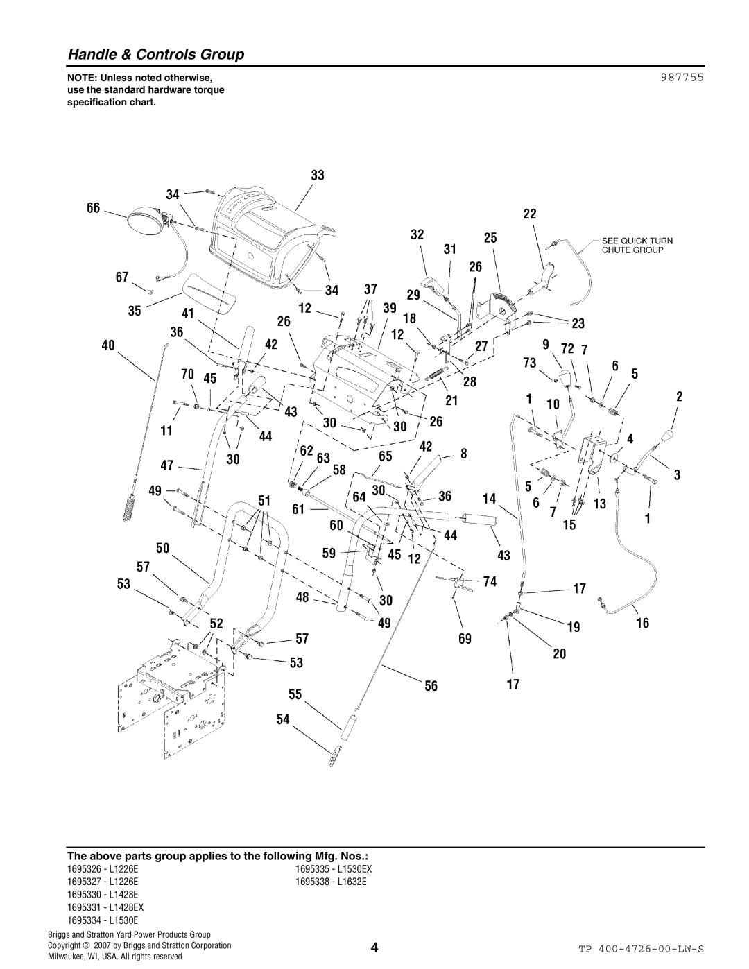 Simplicity 1696331, 1696330, 1696334, 1696338, 1696327, 1696326, 1696335 manual Handle & Controls Group, 987755 