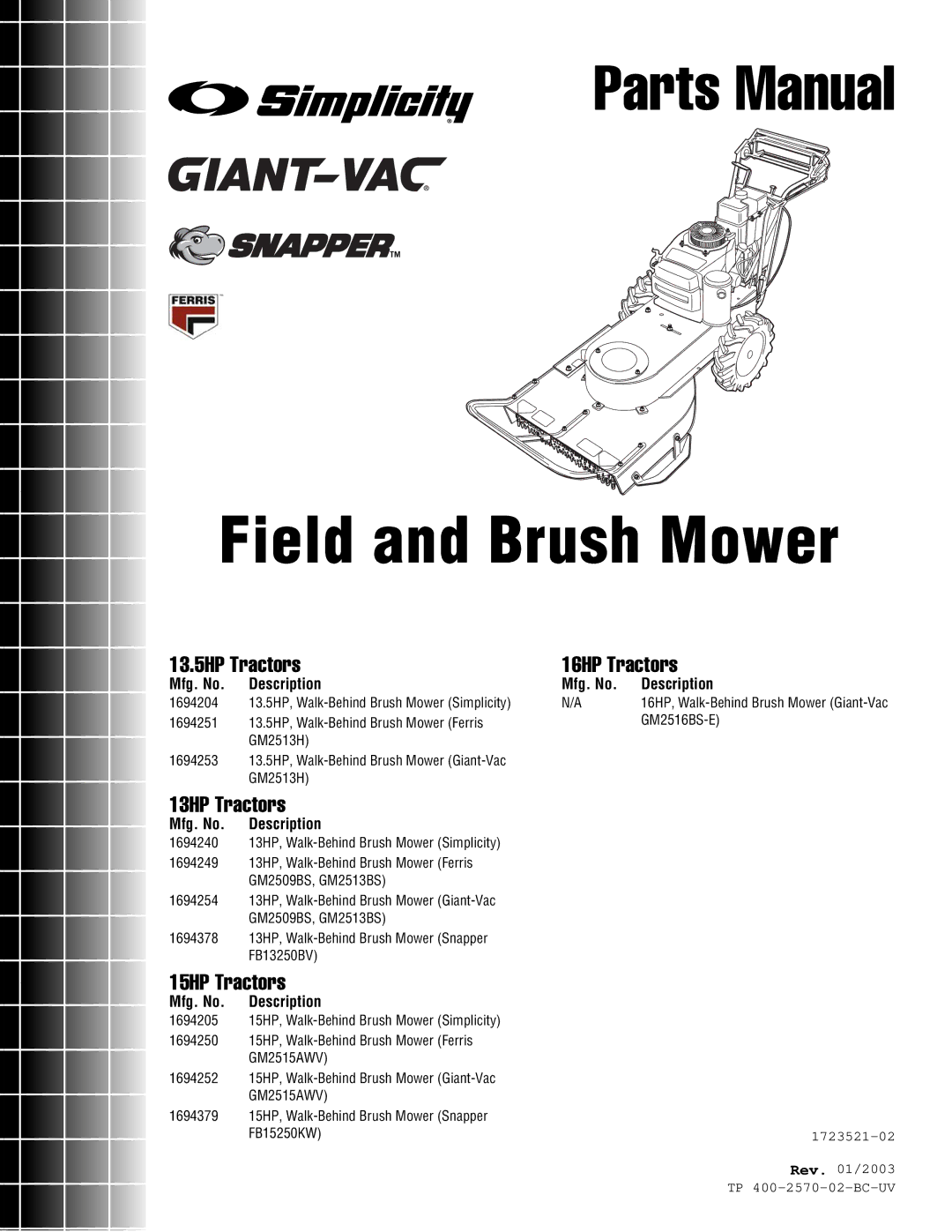 Simplicity 15HP, 16HP, 13.5HP manual Field and Brush Mower 