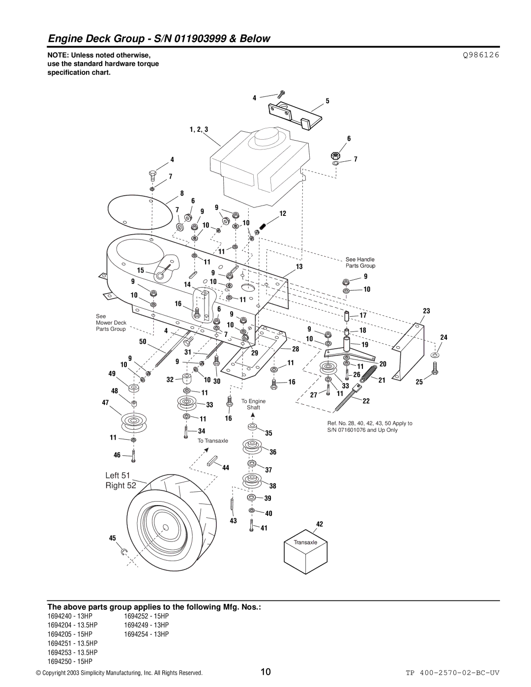 Simplicity 16HP, 15HP, 13.5HP manual Engine Deck Group S/N 011903999 & Below, Q986126 