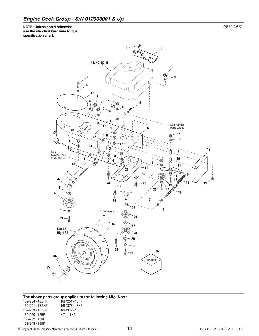 Simplicity 15HP, 16HP, 13.5HP manual Engine Deck Group S/N 012003001 & Up, Q86126S1 