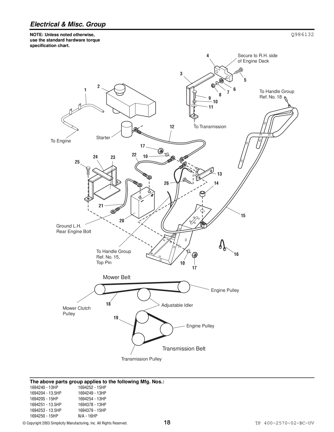 Simplicity 13.5HP, 16HP, 15HP manual Electrical & Misc. Group, Q986132 