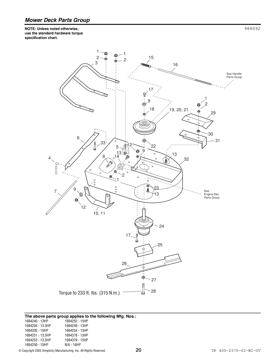 Simplicity 15HP, 16HP, 13.5HP manual Mower Deck Parts Group, 19, 20 