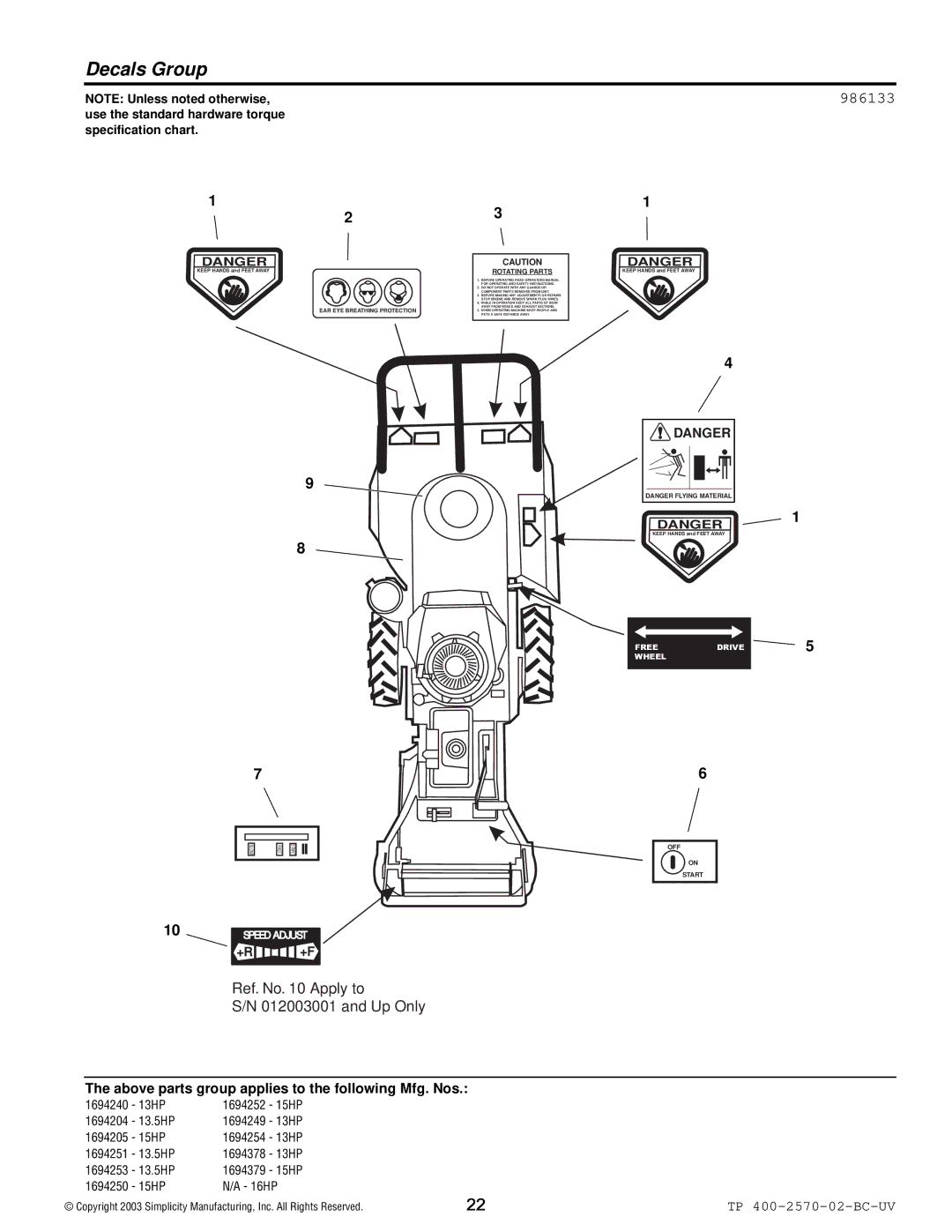 Simplicity 16HP, 15HP, 13.5HP manual Decals Group, Rotating Parts 