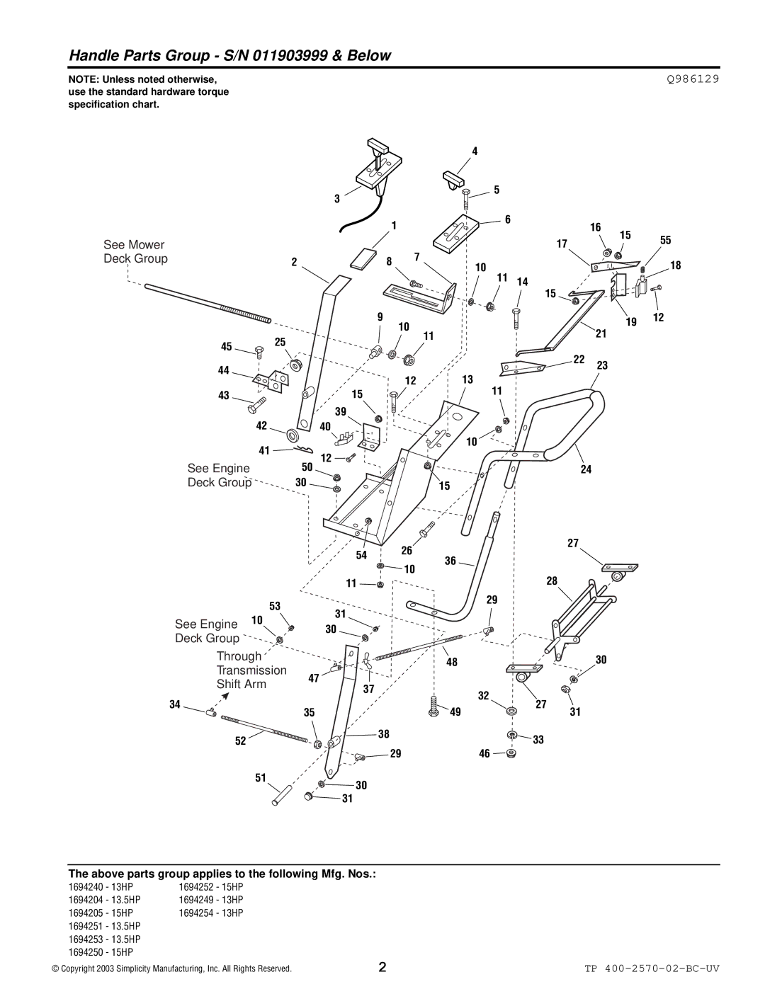 Simplicity 15HP, 16HP manual Handle Parts Group S/N 011903999 & Below, Deck Group See Engine Through Transmission Shift Arm 