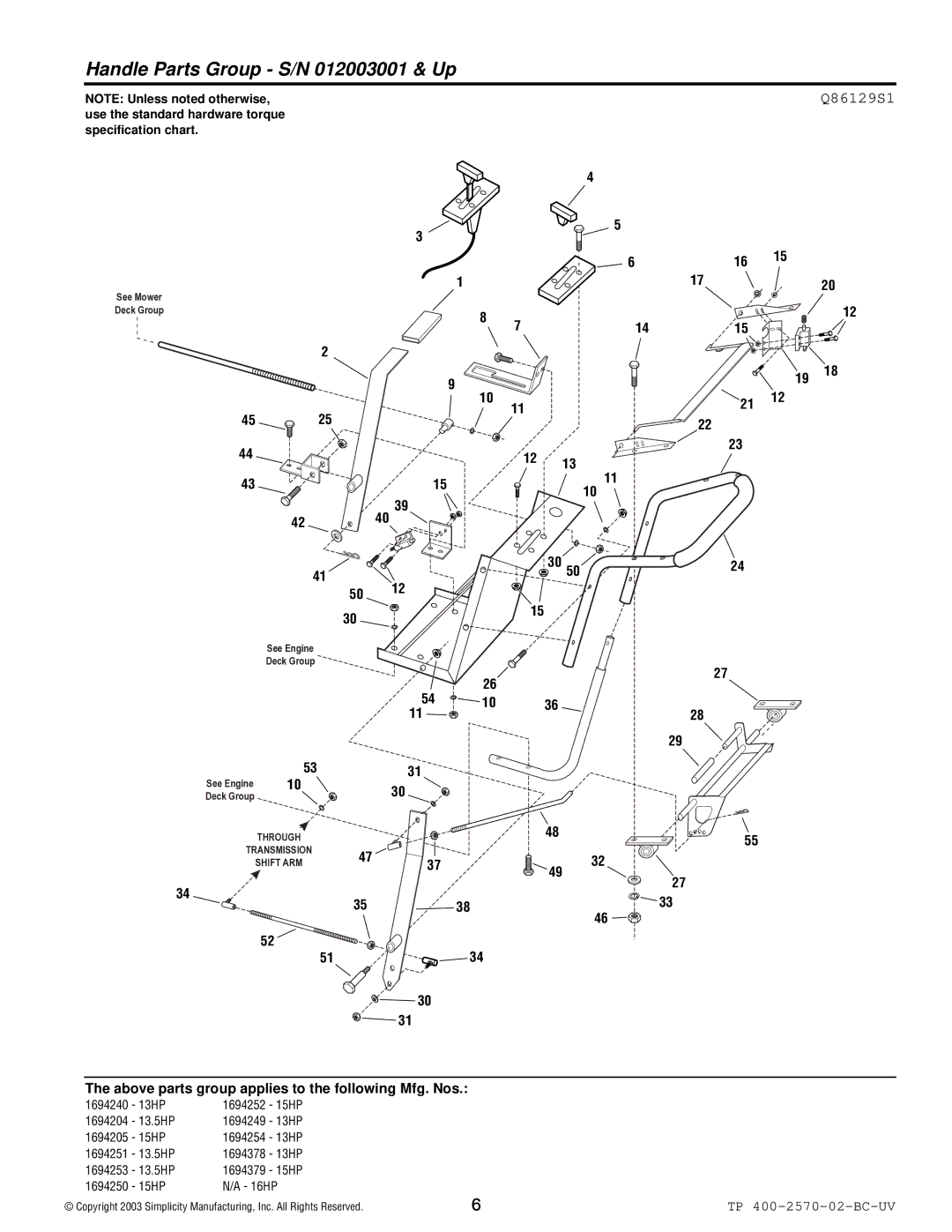 Simplicity 13.5HP, 16HP, 15HP manual Handle Parts Group S/N 012003001 & Up, Q86129S1 