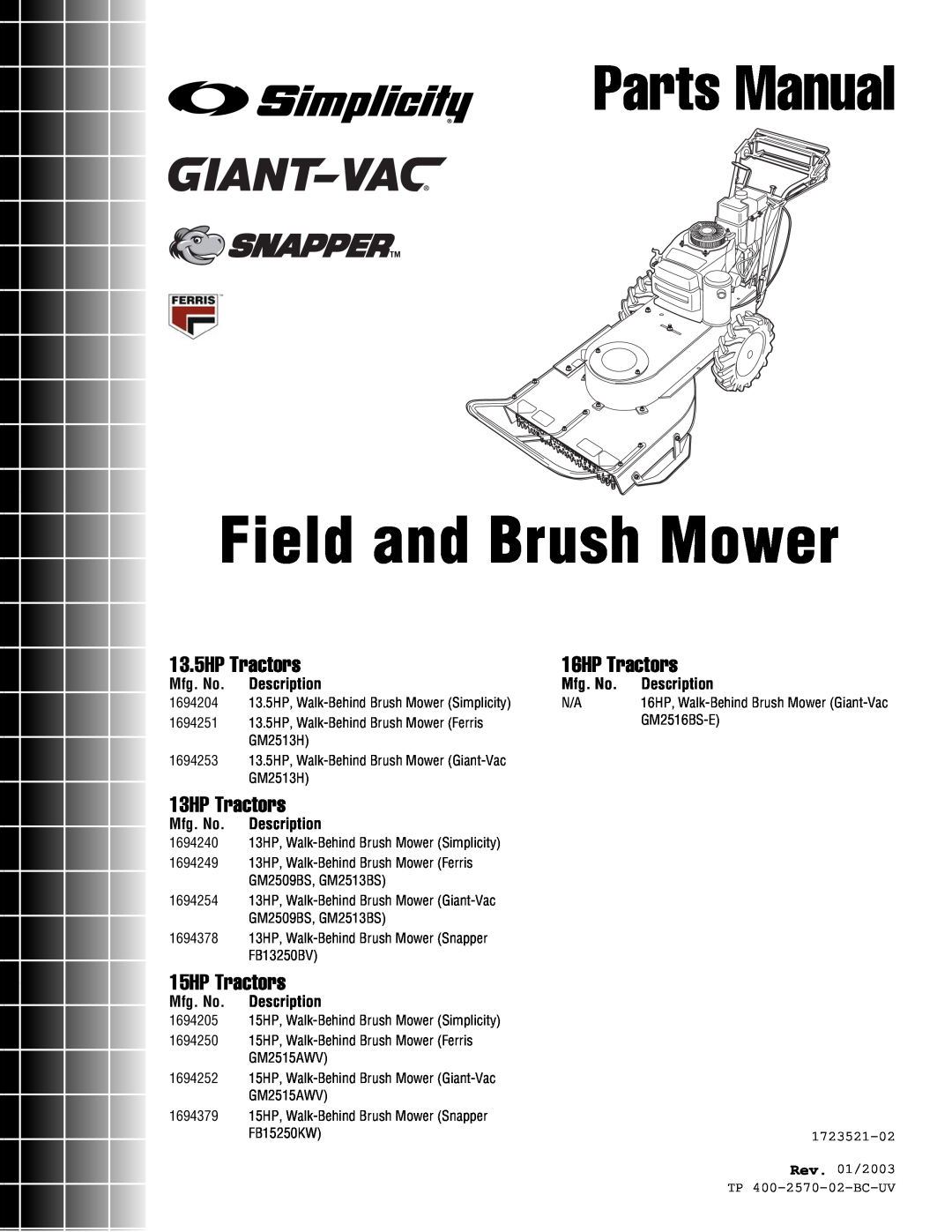 Simplicity 15HP, 16HP manual Mfg. No. Description, Parts Manual, Field and Brush Mower, 13.5HP Tractors, 13HP Tractors 