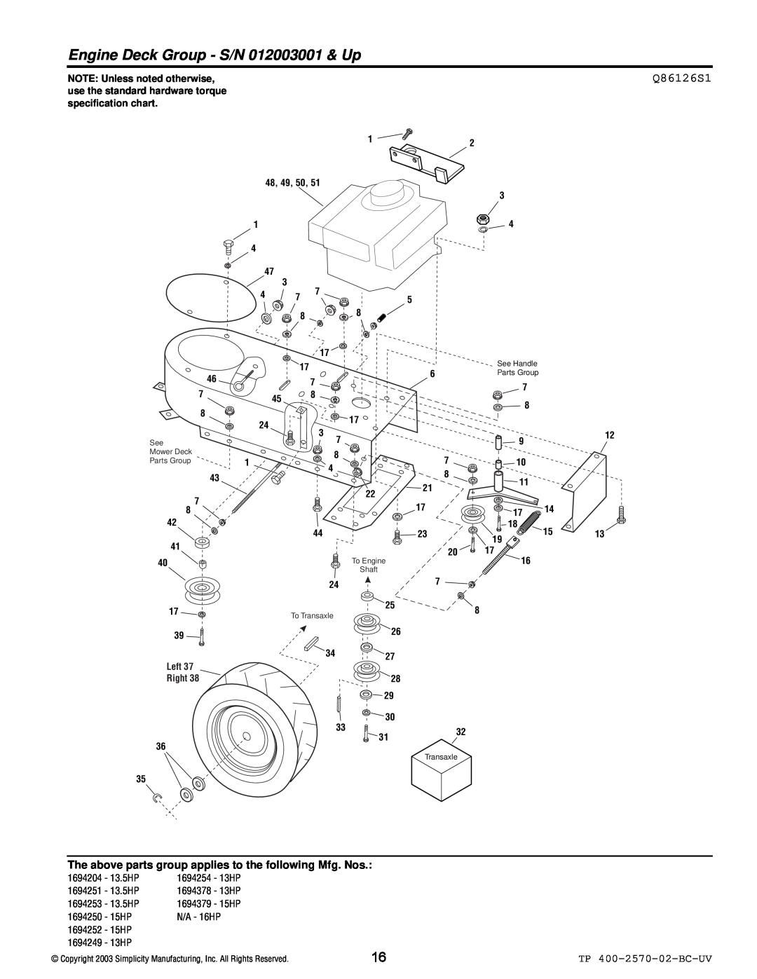 Simplicity 16HP Engine Deck Group - S/N 012003001 & Up, Q86126S1, The above parts group applies to the following Mfg. Nos 
