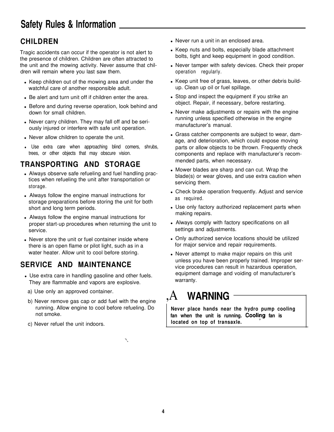 Simplicity 16HP V-Twin manual Safety Rules & Information, Children, Transporting and Storage, Service and Maintenance 