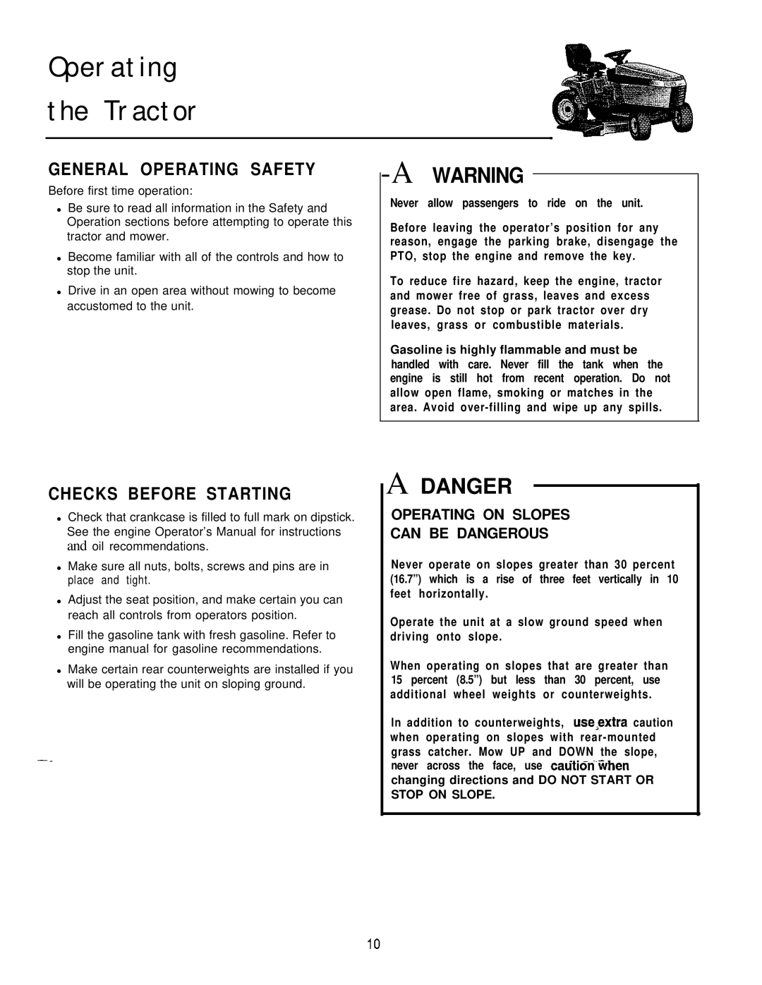 Simplicity 16HP V-Twin manual Operating the Tractor, General Operating Safety, Checks Before Starting 