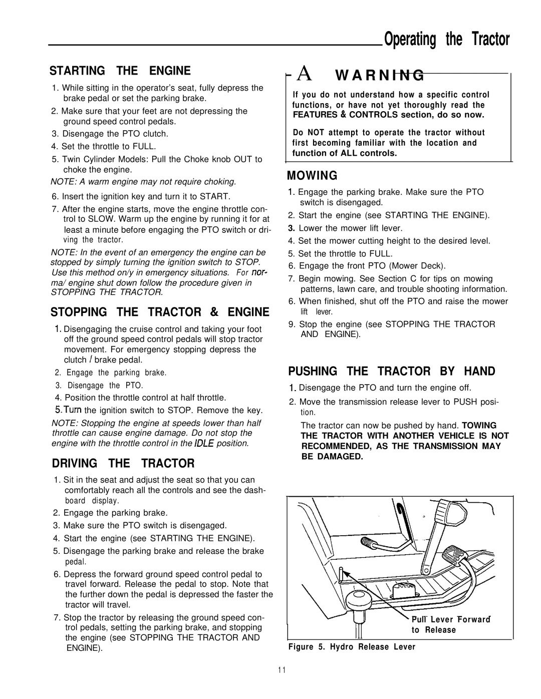 Simplicity 16HP V-Twin manual Starting the Engine, Stopping the Tractor & Engine, Driving the Tractor, Mowing 