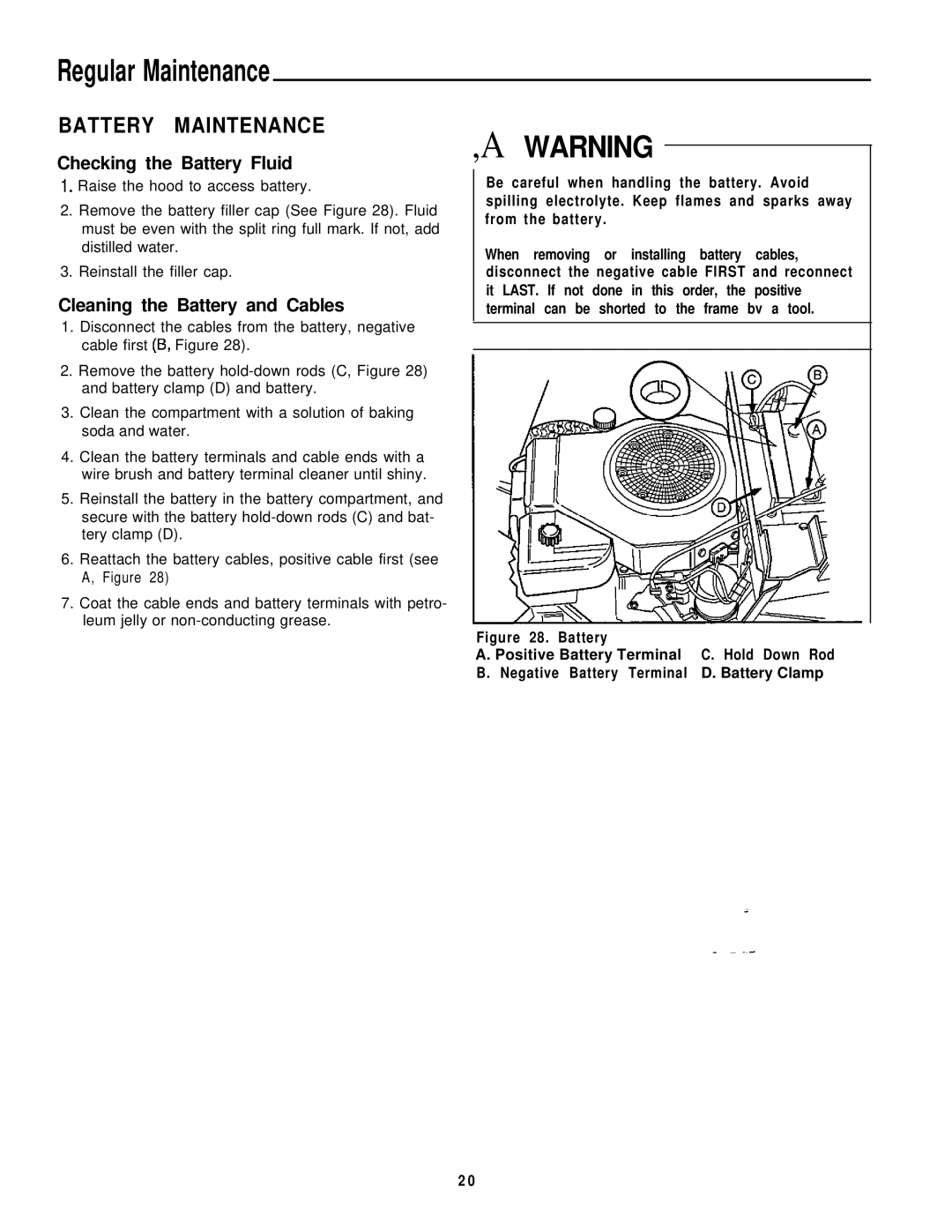 Simplicity 16HP V-Twin manual Battery Maintenance, Checking the Battery Fluid, Cleaning the Battery and Cables 