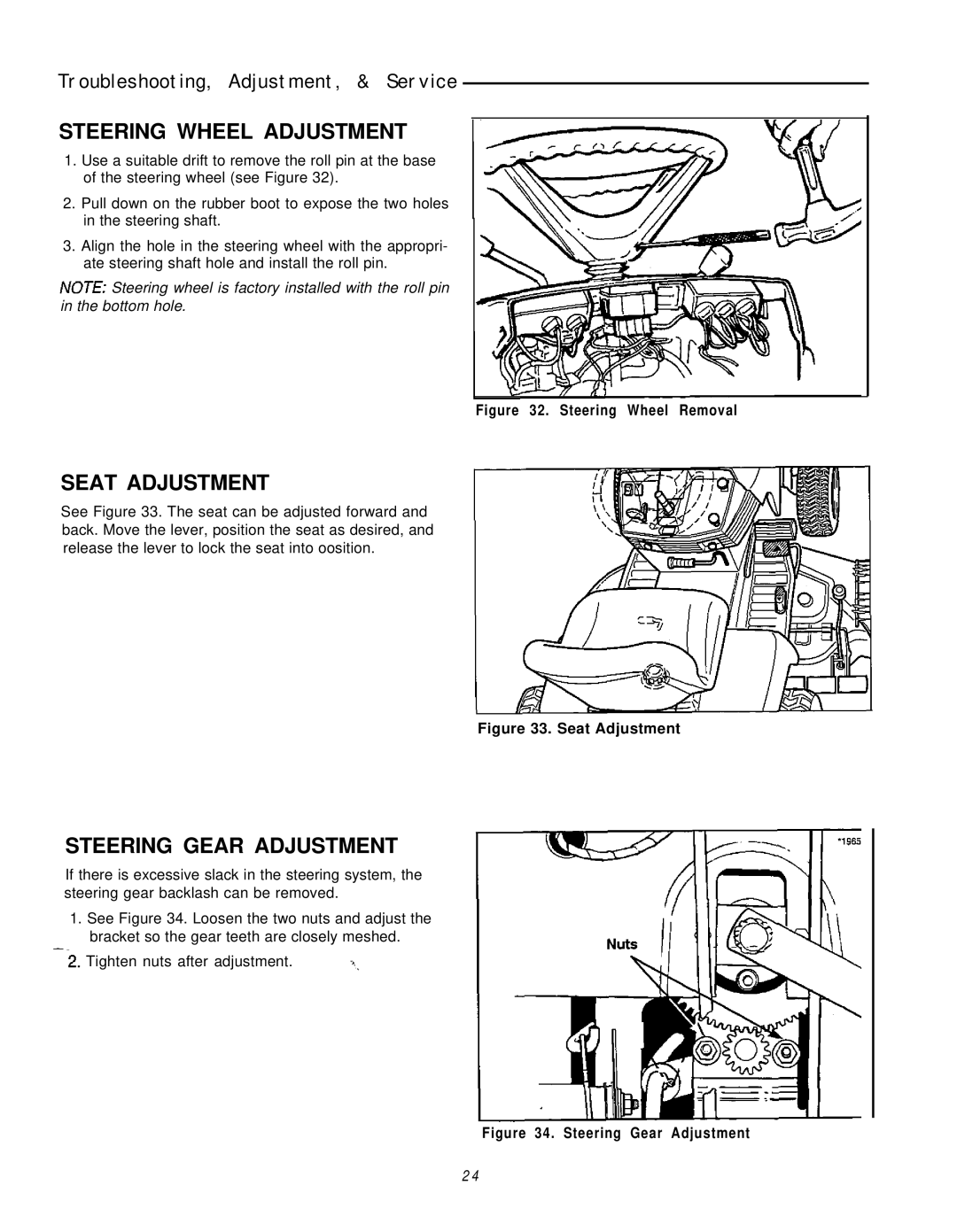 Simplicity 16HP V-Twin manual Troubleshooting, Adjustment, & Service, Steering Wheel Adjustment, Seat Adjustment 