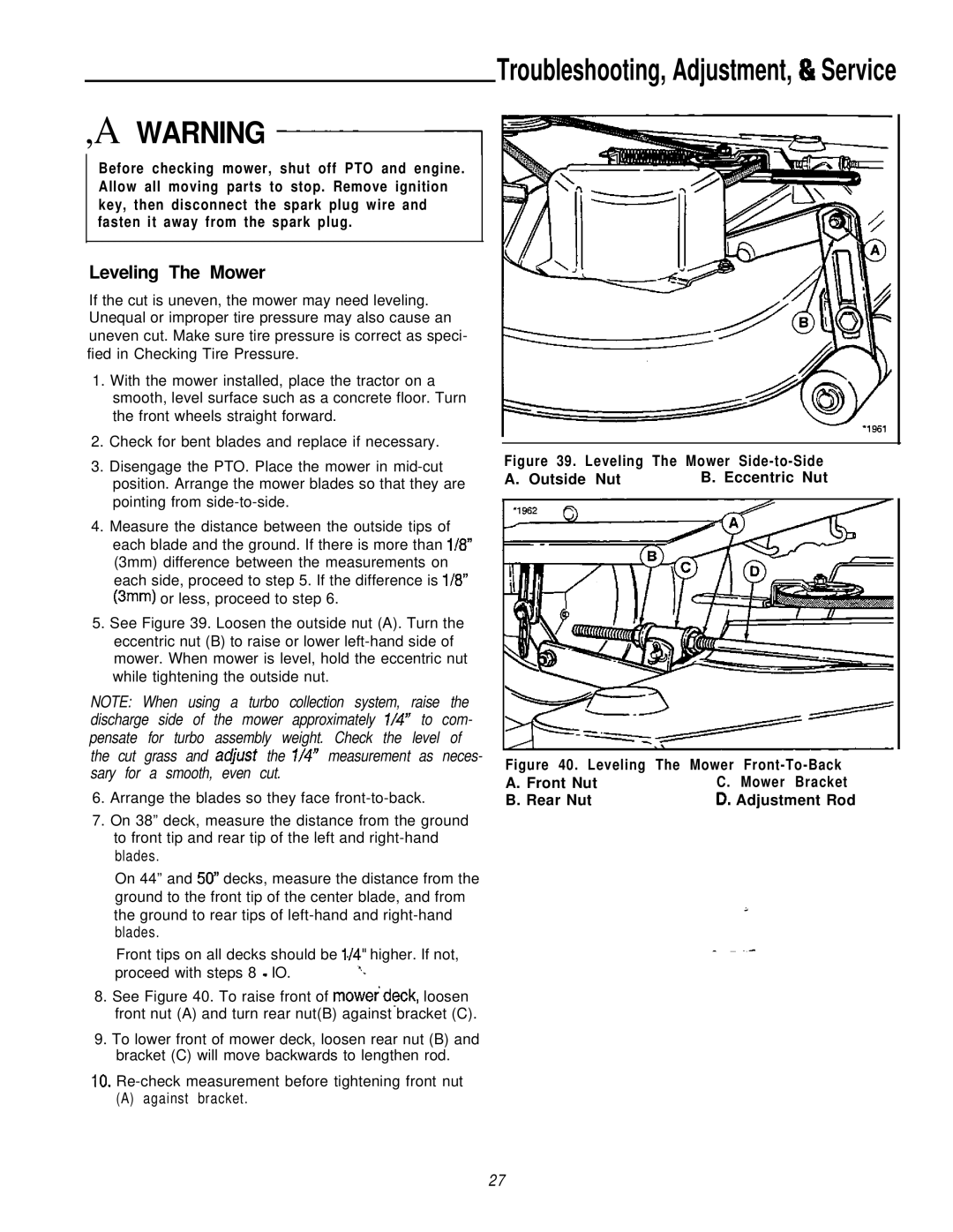 Simplicity 16HP V-Twin manual Troubleshooting, Adjustment, & Service, Leveling The Mower 