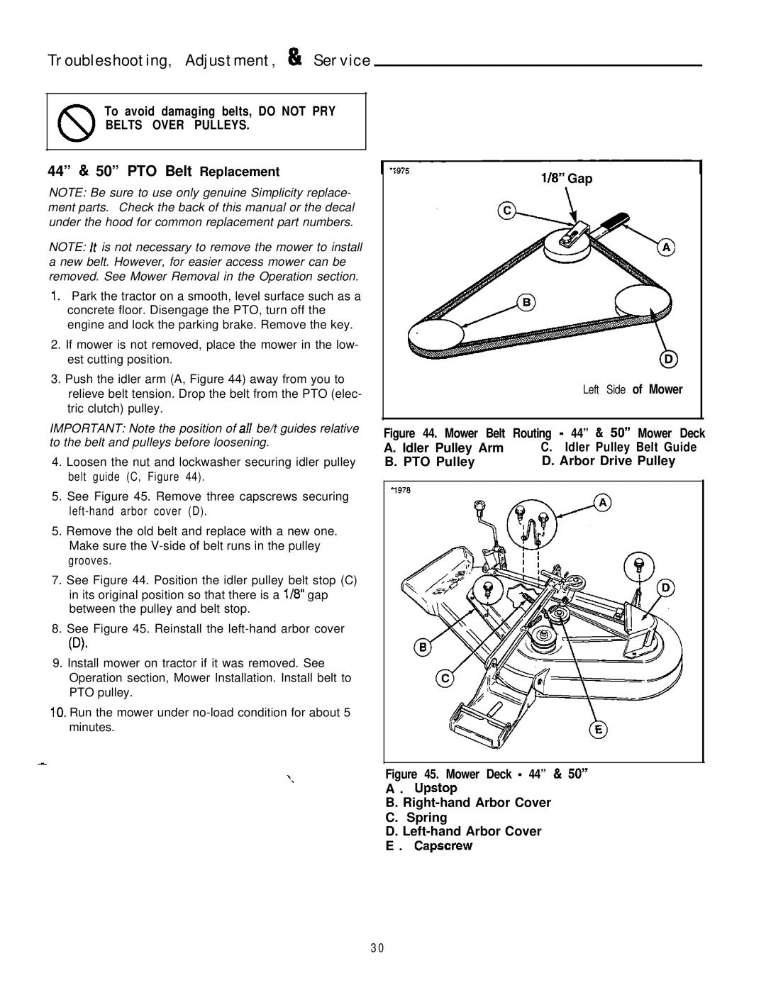 Simplicity 16HP V-Twin manual 44 & 50 PTO Belt Replacement, Mower Belt Routing 44 & 50 Mower Deck 