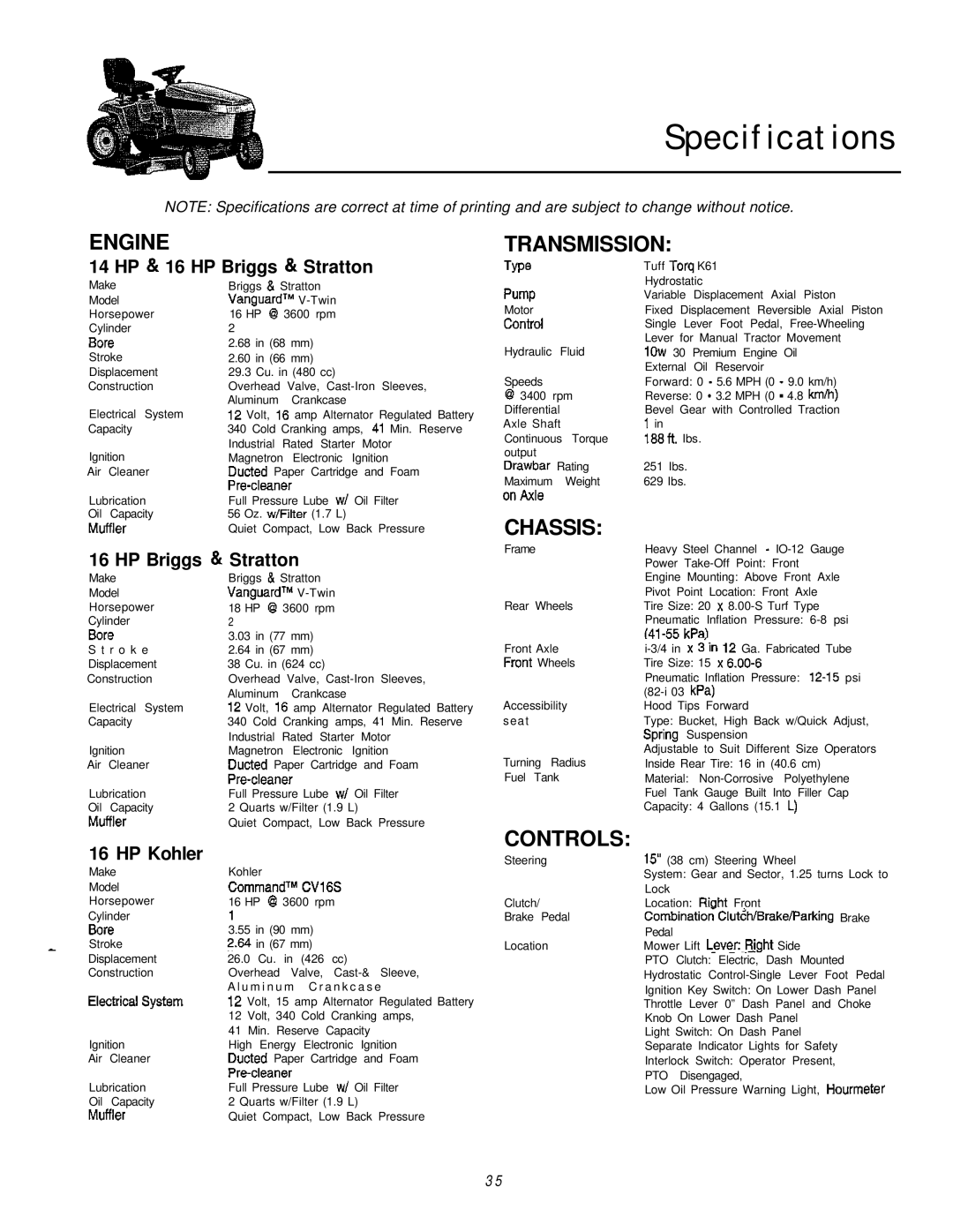 Simplicity 16HP V-Twin manual Specifications, Engine, Transmission, Chassis, Controls 