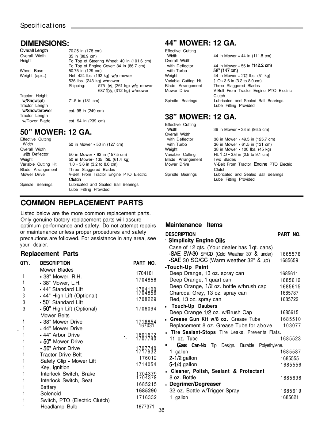 Simplicity 16HP V-Twin manual Specifications, Dimensions, Common Replacement Parts, Maintenance Items 