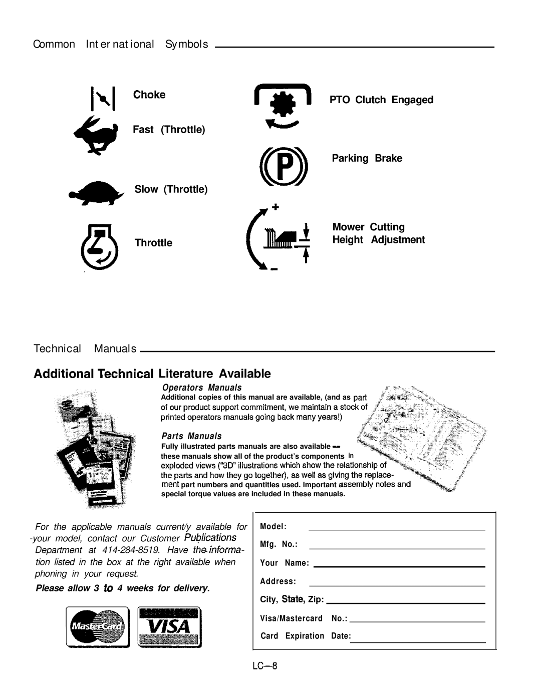 Simplicity 16HP V-Twin manual Common International Symbols, Technical Manuals, Fast Throttle Slow Throttle 