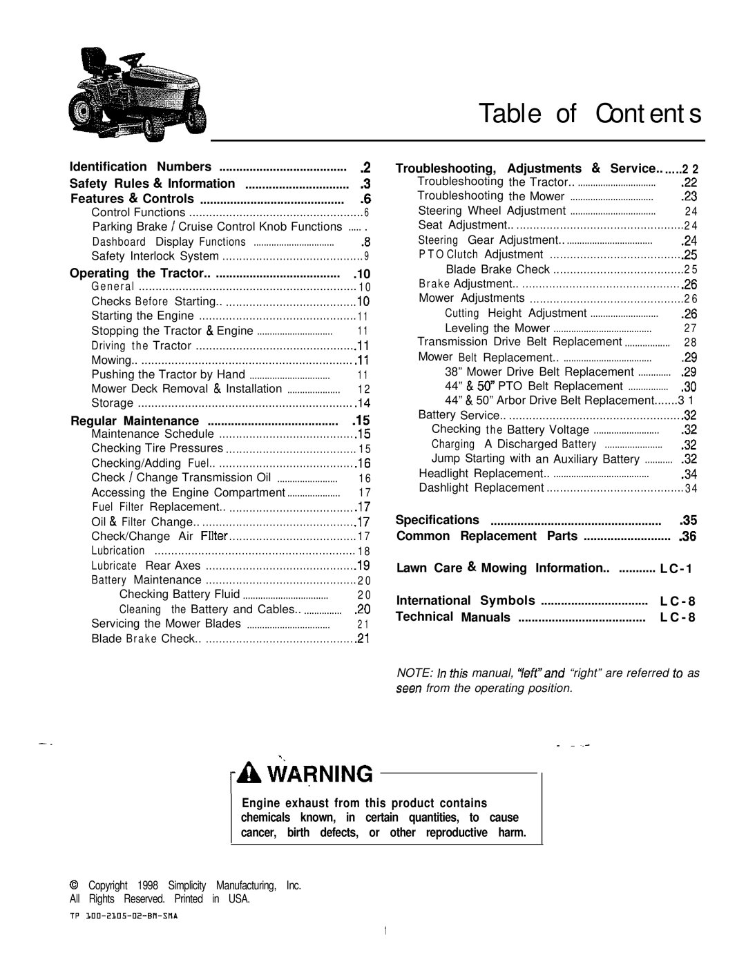 Simplicity 16HP V-Twin manual Table of Contents 