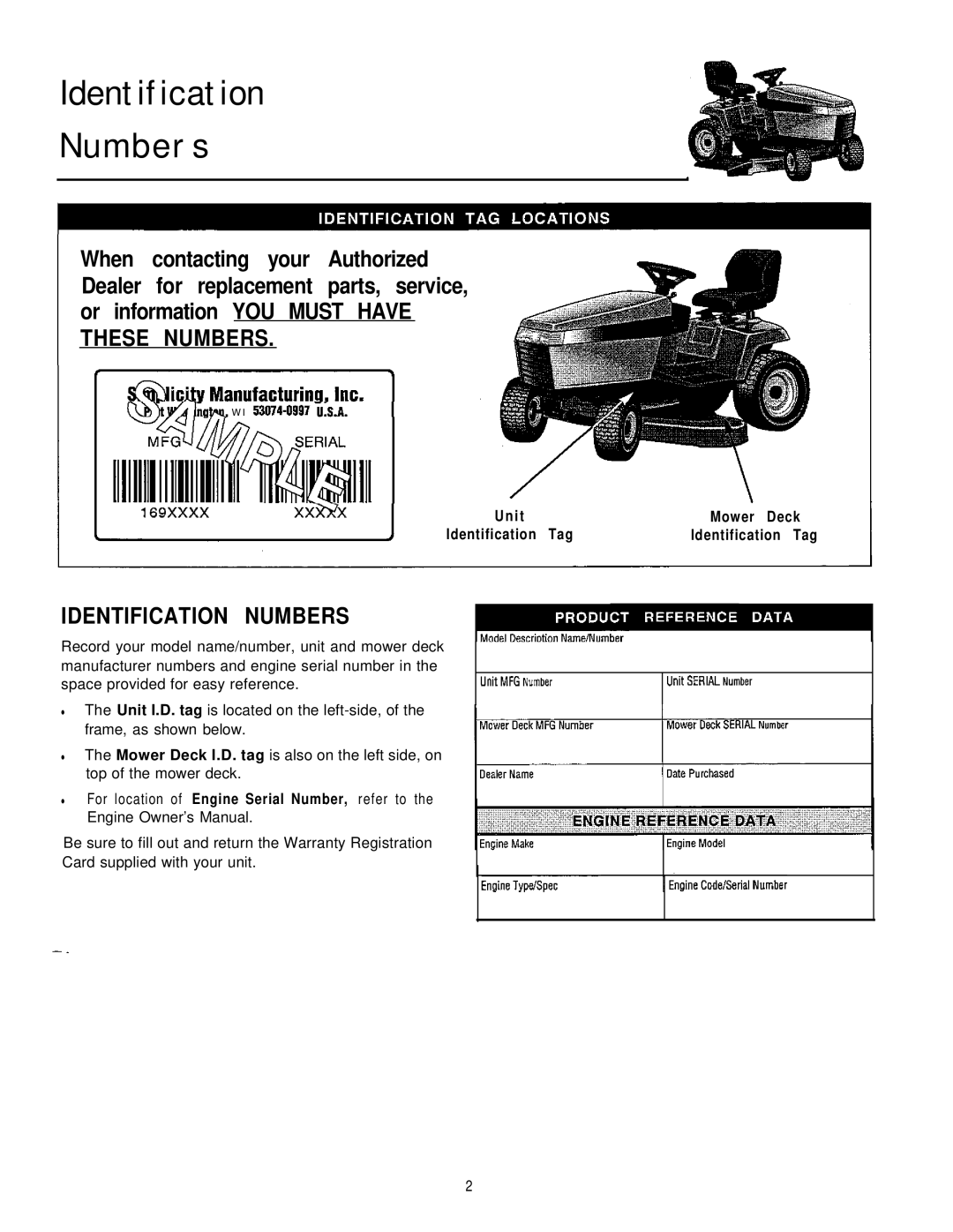 Simplicity 16HP V-Twin manual Identification M b e r s, I t Identification Tag, Mower Deck Identification Tag 