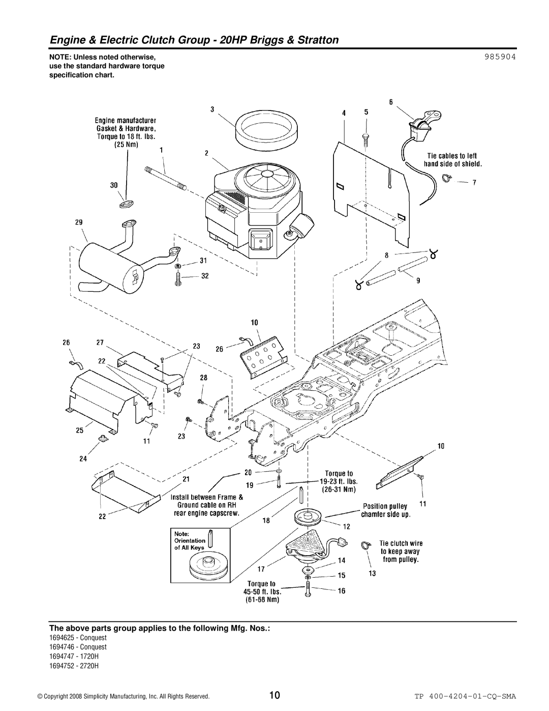 Simplicity 1700 Series manual Engine & Electric Clutch Group 20HP Briggs & Stratton, 985904 