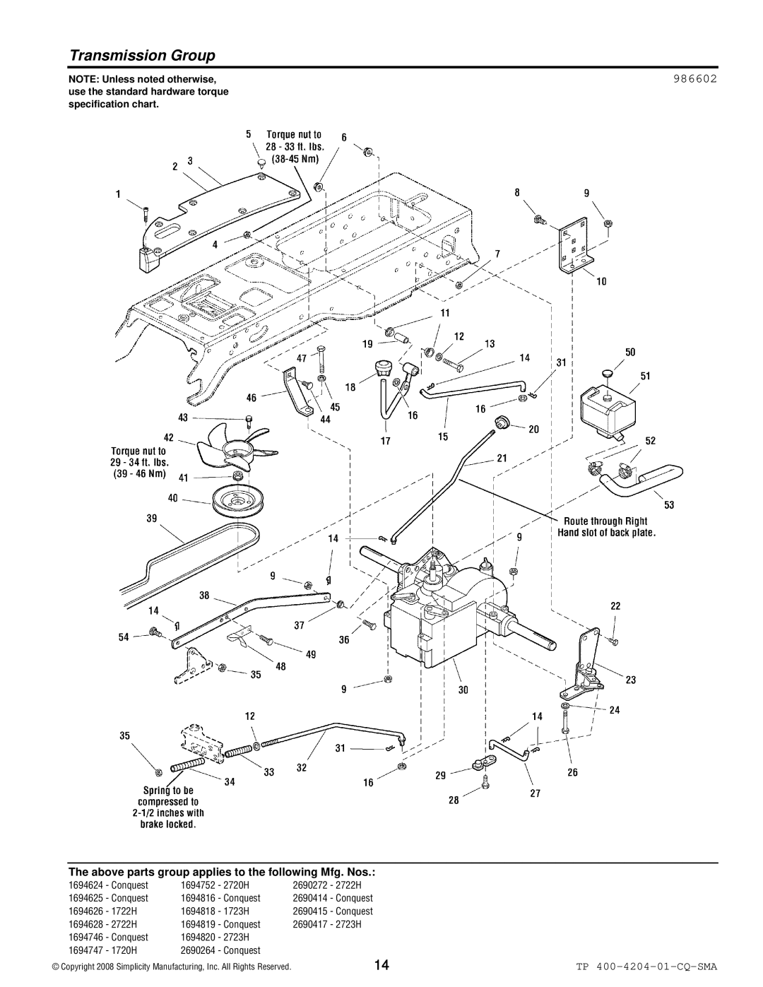 Simplicity 1700 Series manual Transmission Group, 986602 