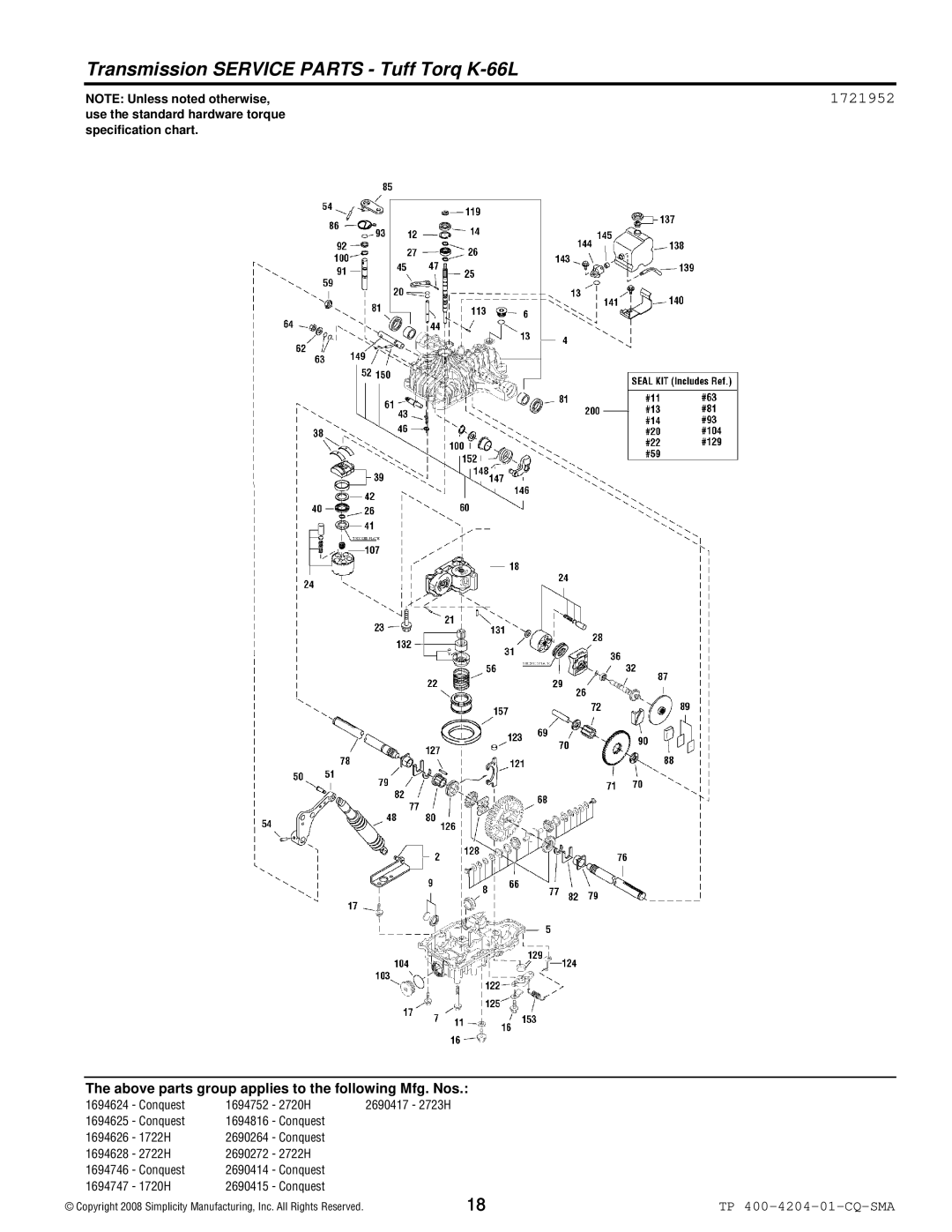 Simplicity 1700 Series manual Transmission Service Parts Tuff Torq K-66L, 1721952 