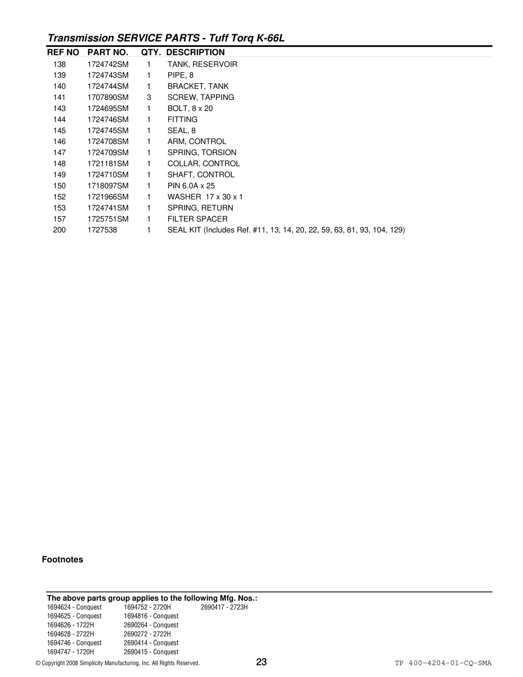 Simplicity 1700 Series manual TANK, Reservoir, Pipe, BRACKET, Tank, Fitting, ARM, Control, SPRING, Torsion, COLLAR, Control 