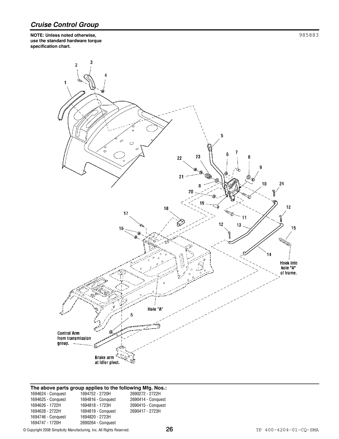 Simplicity 1700 Series manual Cruise Control Group, 985883 