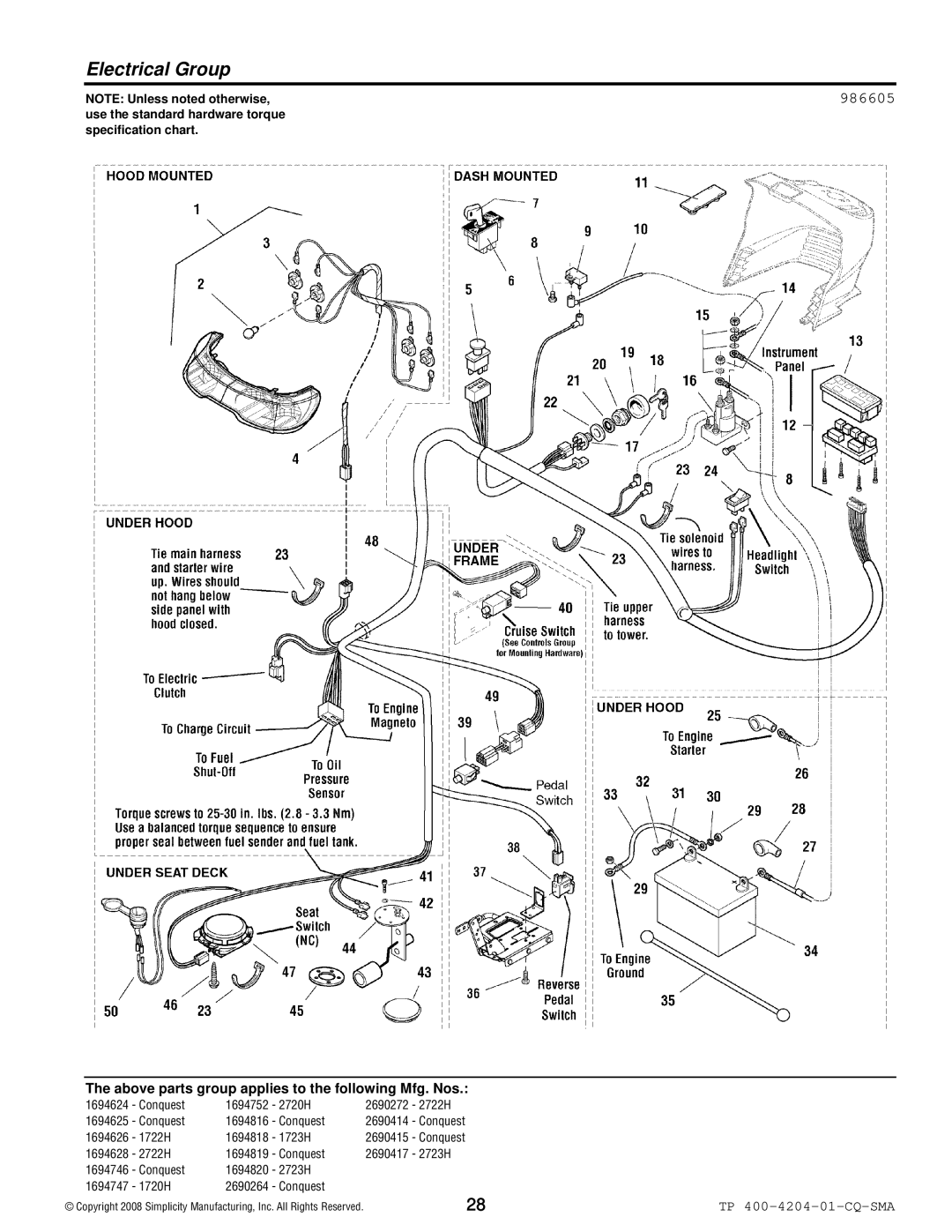 Simplicity 1700 Series manual Electrical Group, 986605 