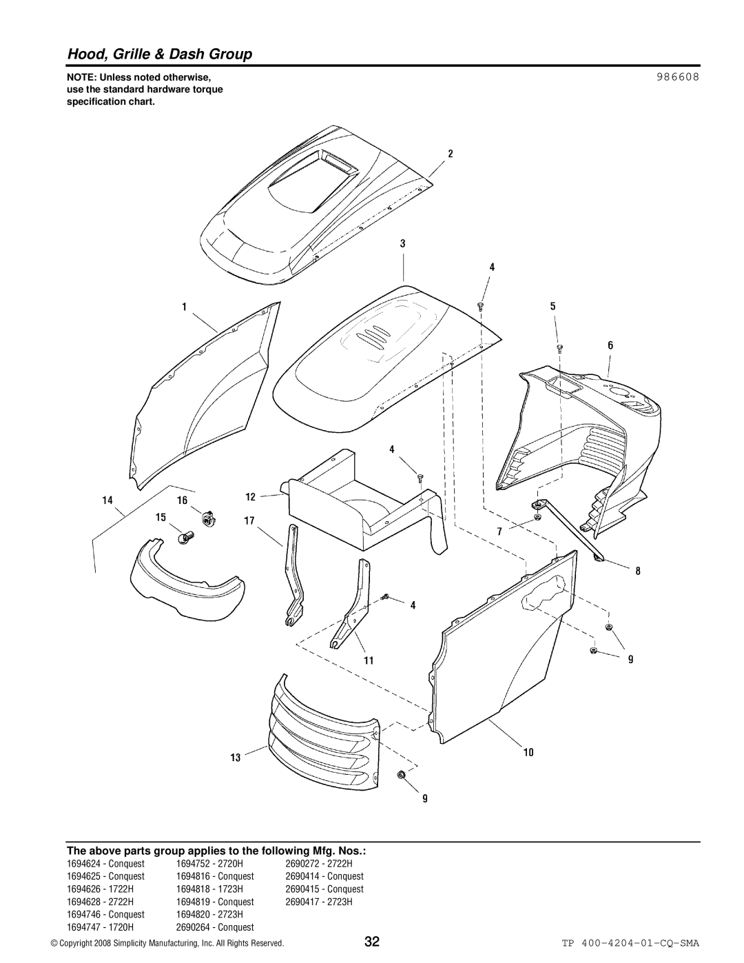 Simplicity 1700 Series manual Hood, Grille & Dash Group, 986608 