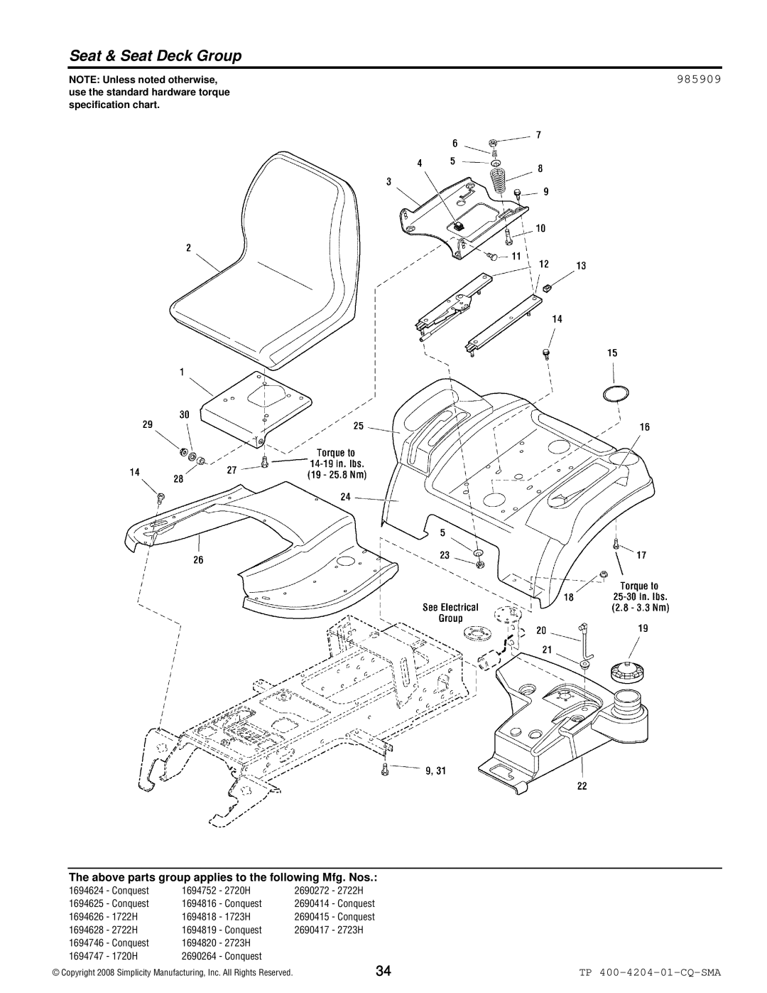 Simplicity 1700 Series manual Seat & Seat Deck Group, 985909 